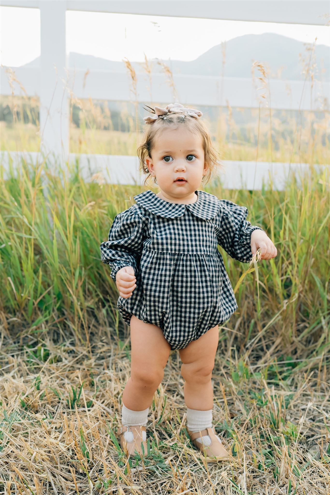 Gingham Peter Pan Collar Long Sleeve Bubble Romper  Mebie Baby   