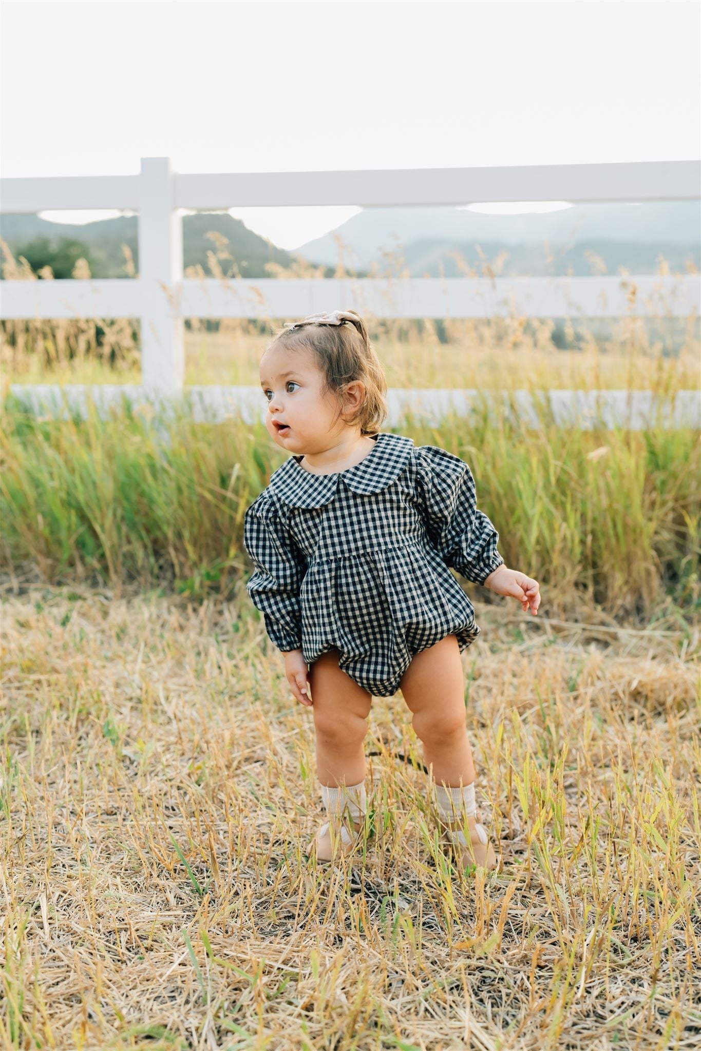 Gingham Peter Pan Collar Long Sleeve Bubble Romper  Mebie Baby   