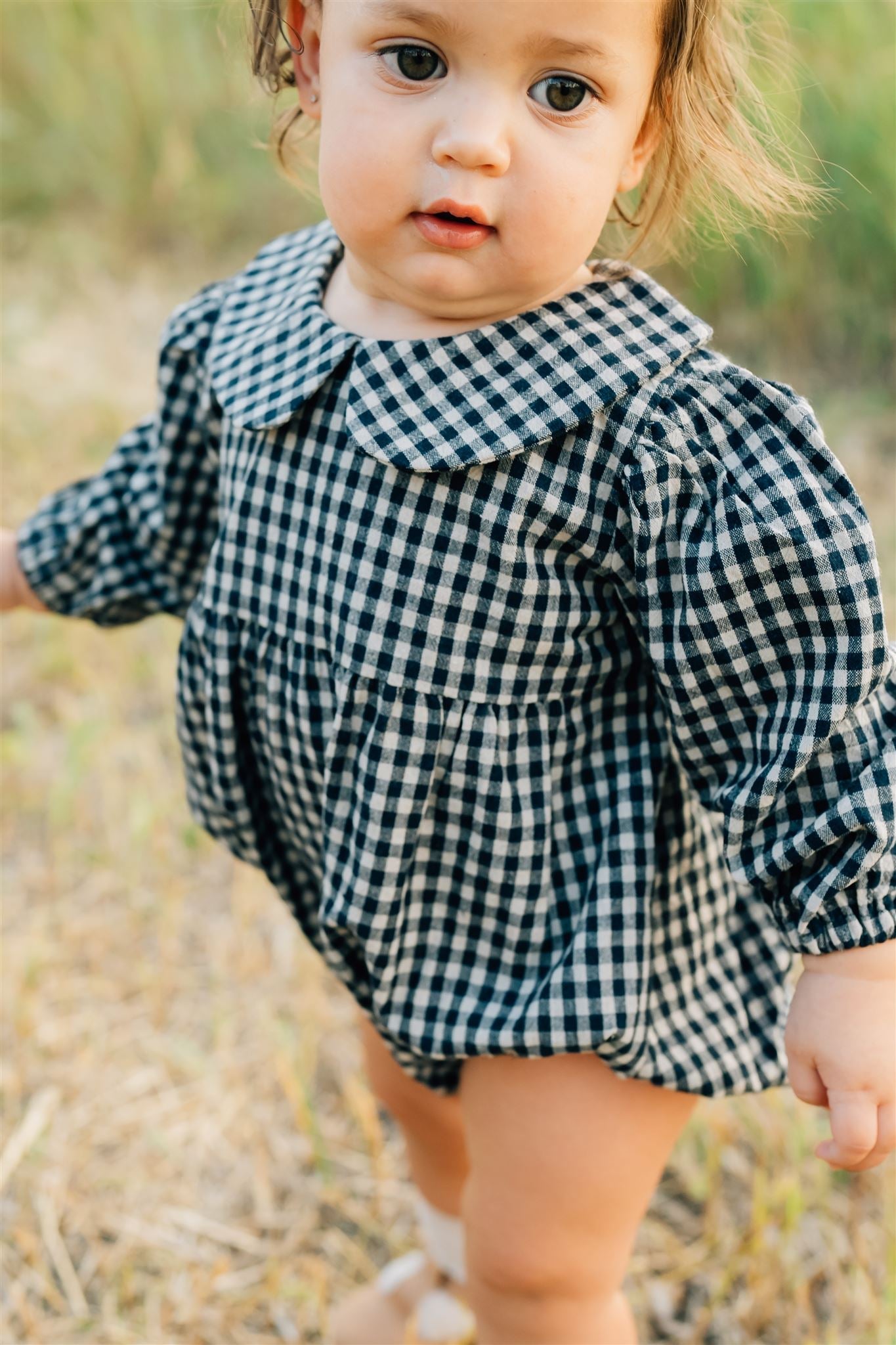 Gingham Peter Pan Collar Long Sleeve Bubble Romper  Mebie Baby   