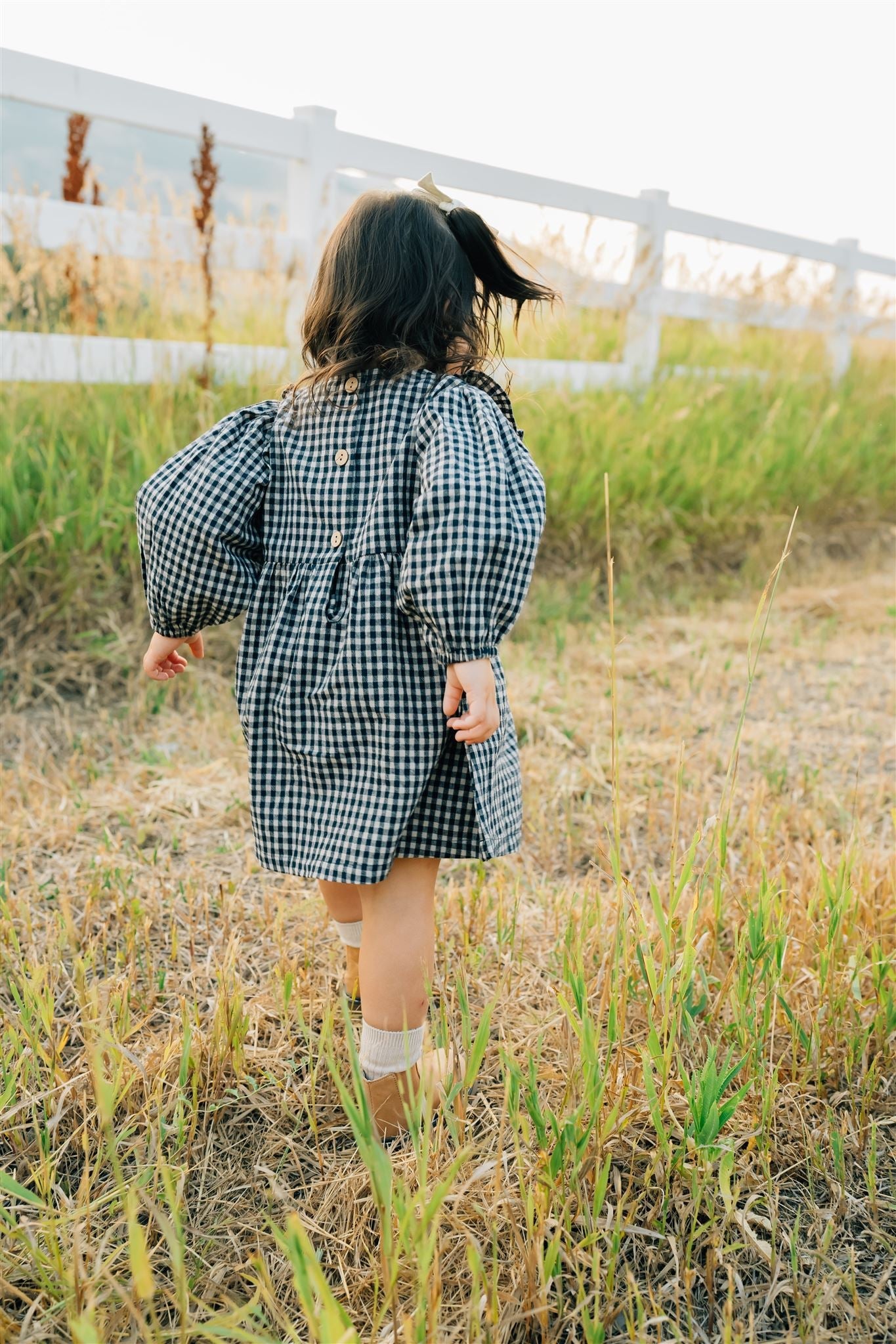 Gingham Long Sleeve Ruffle Linen Dress  Mebie Baby   