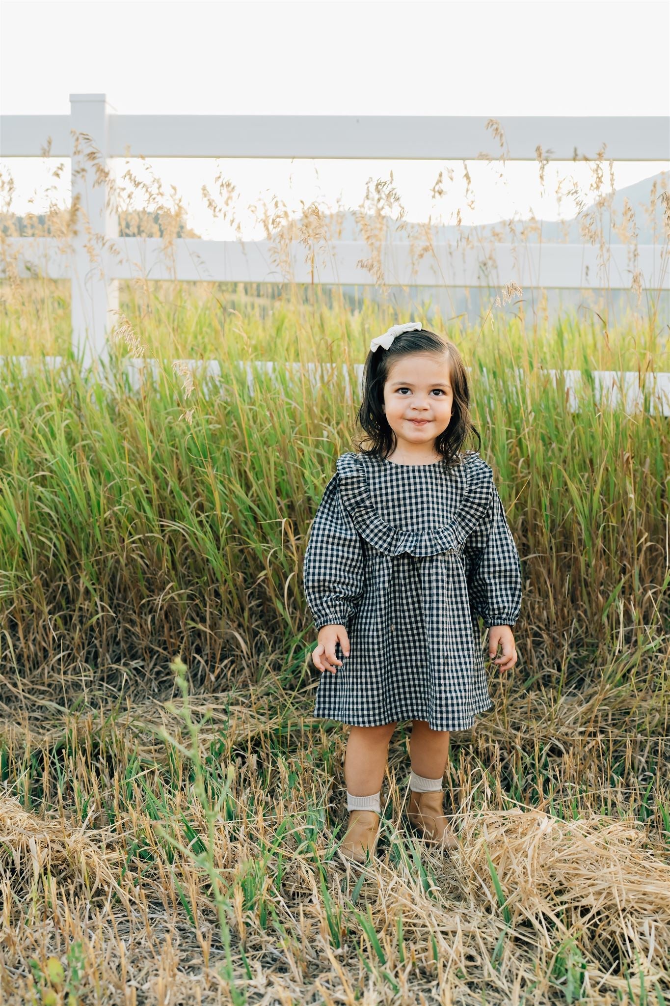 Gingham Long Sleeve Ruffle Linen Dress  Mebie Baby   