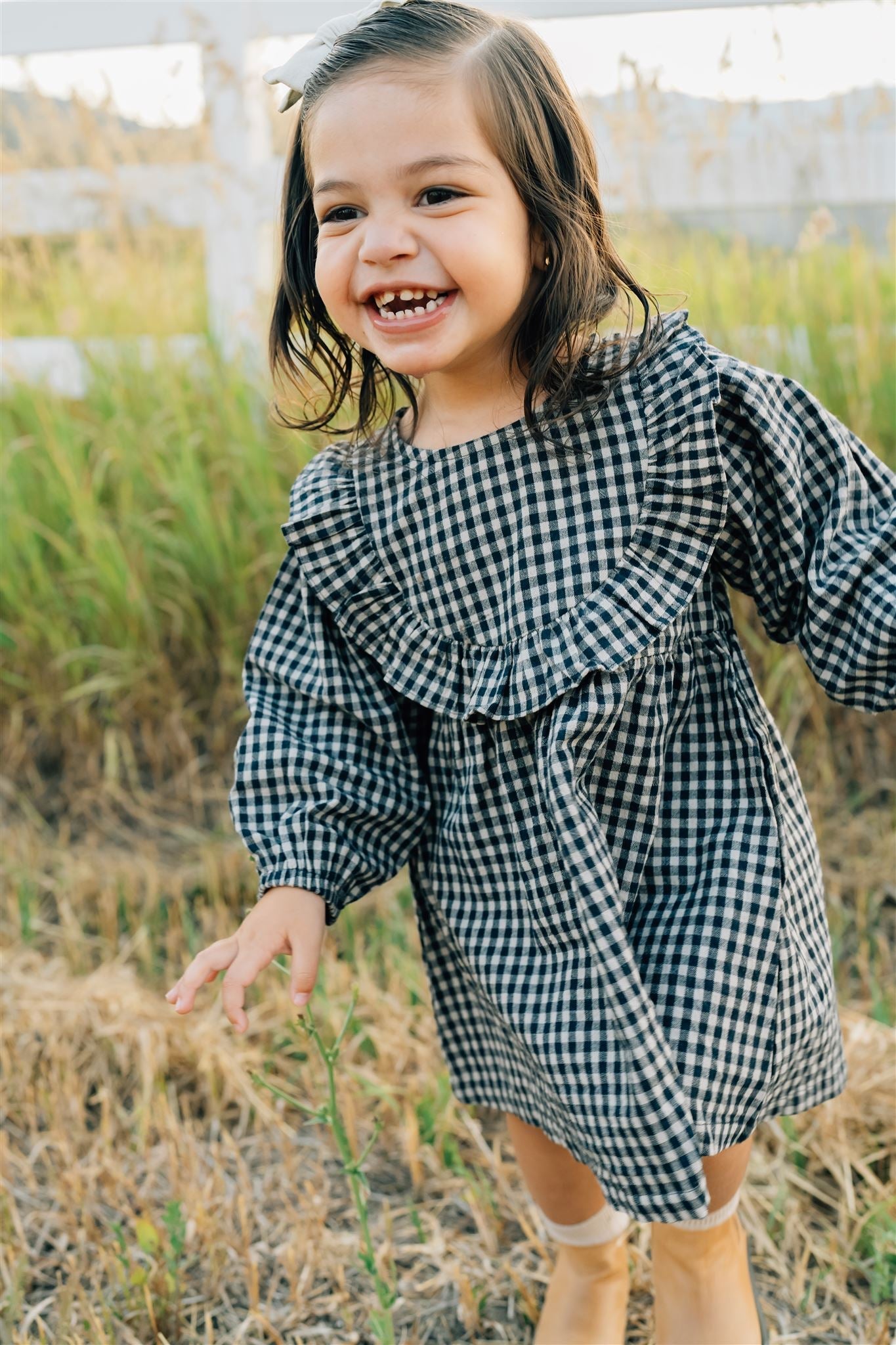 Gingham Long Sleeve Ruffle Linen Dress  Mebie Baby   