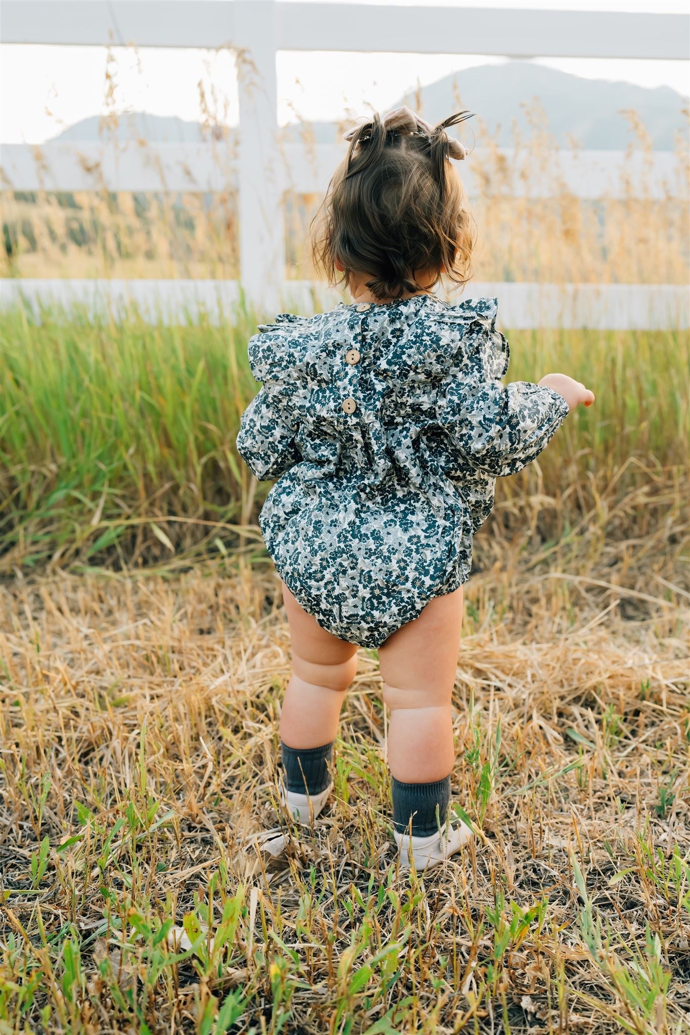 Liberty Floral Long Sleeve Ruffle Bubble Romper  Mebie Baby   