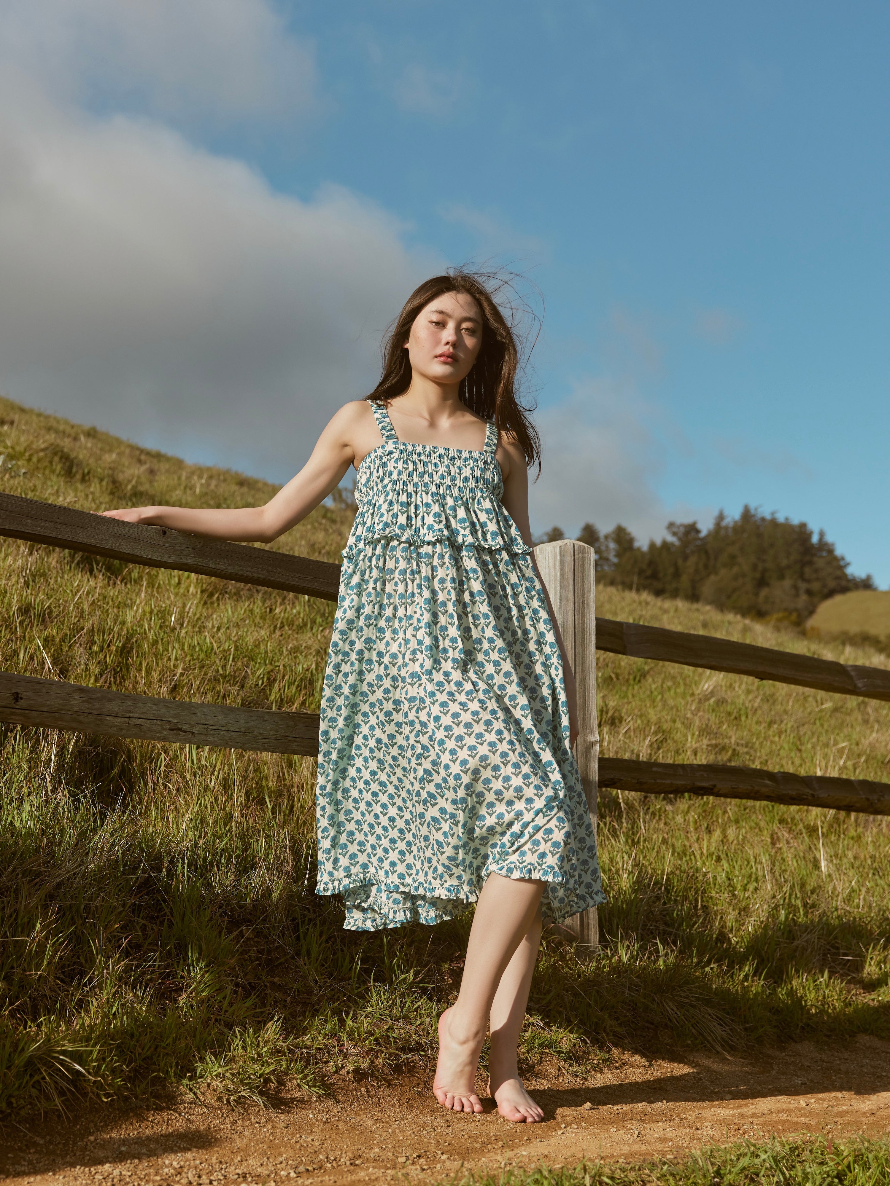 Gwen Ruffled Midi Nightgown - Ivory & Blue Bell
