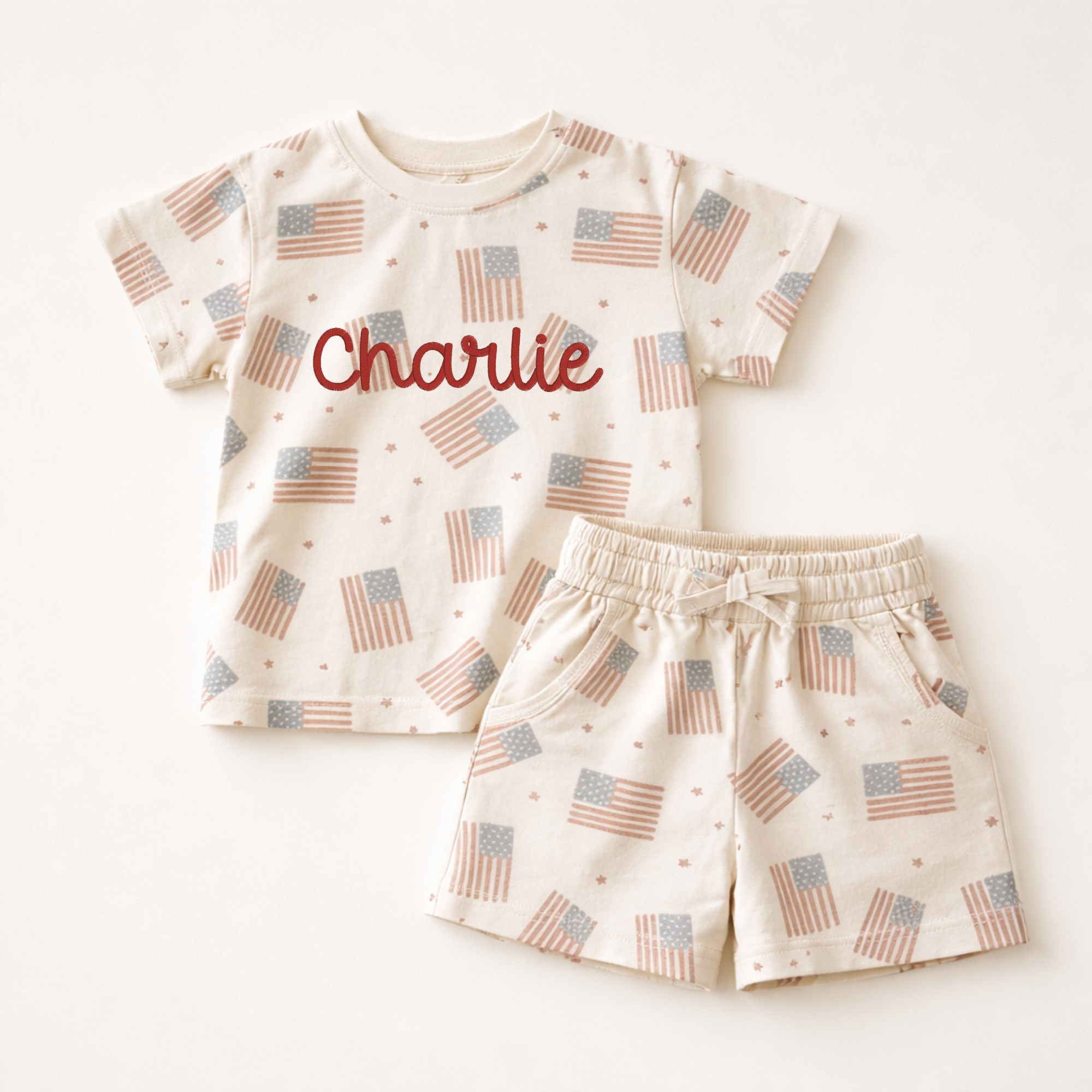 4th of July Flag Print Shorts Set - optional custom embroidery