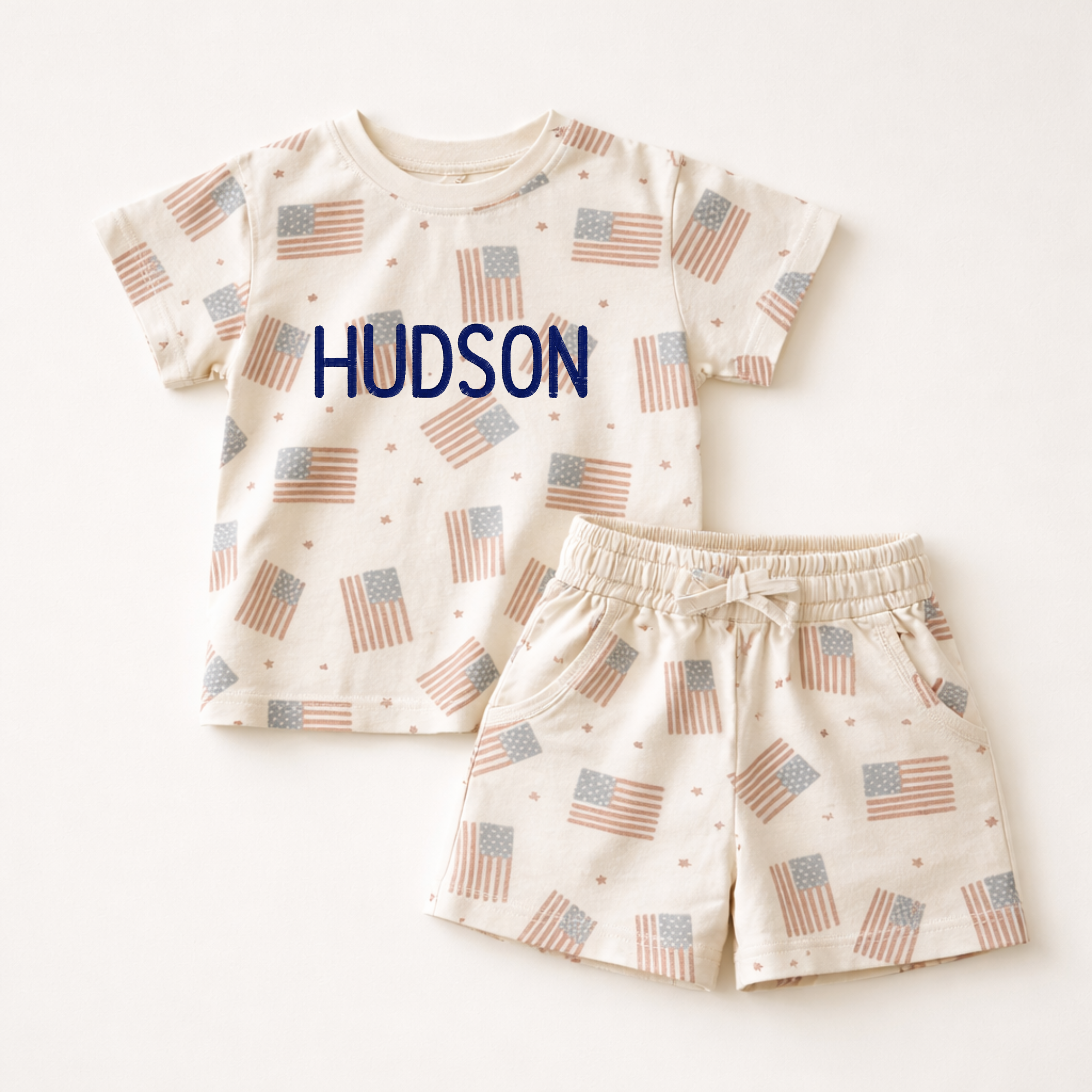 4th of July Flag Print Shorts Set - optional custom embroidery