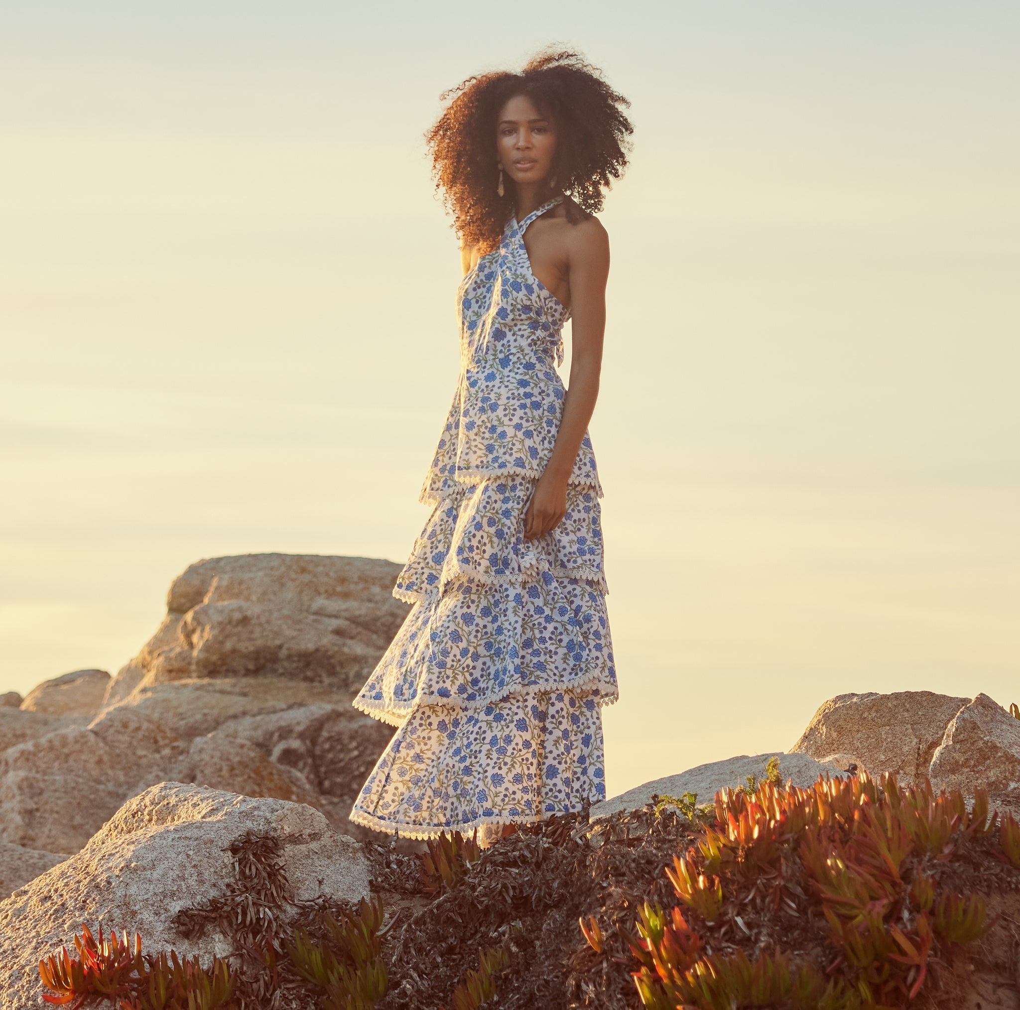 Emma Tiered Dress - Cream/Azure Floral print