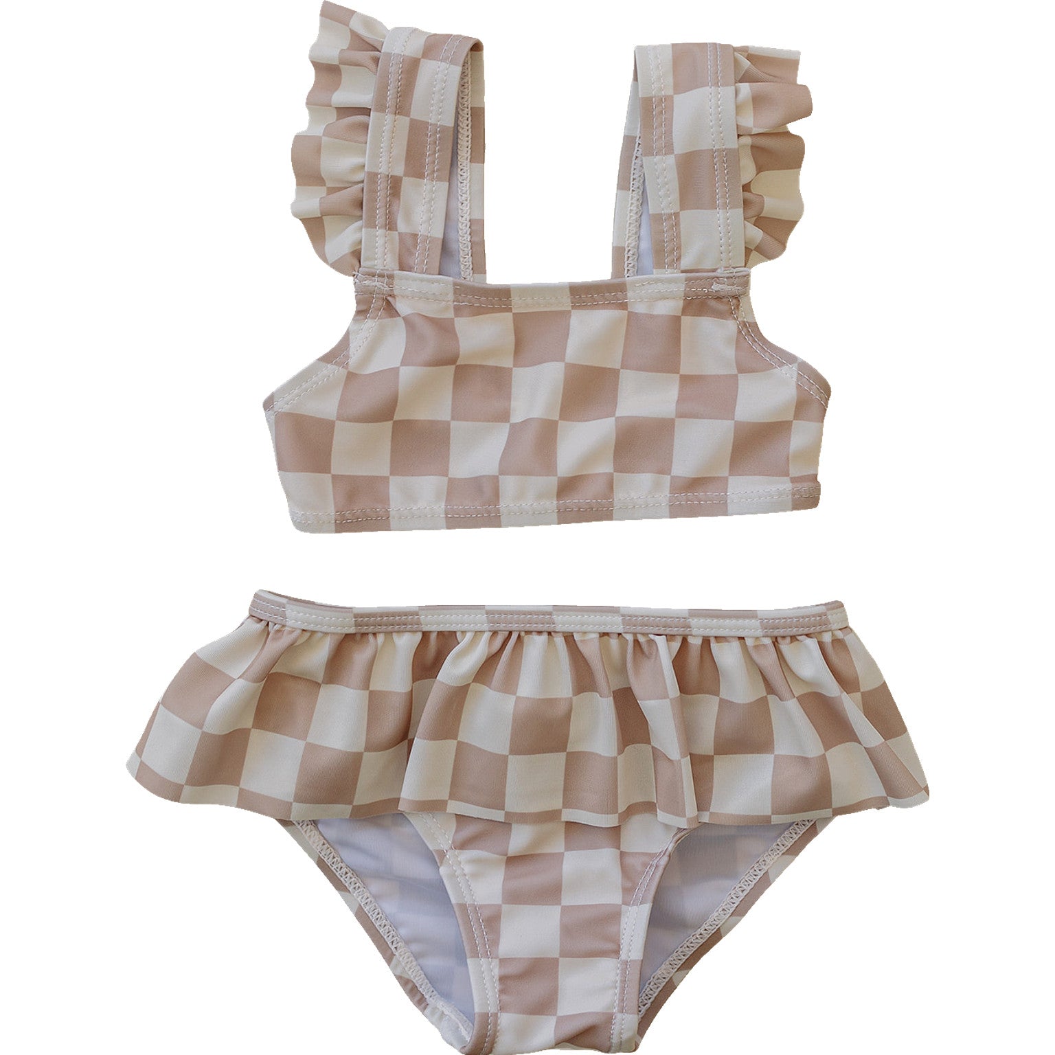 Taupe Checkered Ruffle Bikini Set  Mebie Baby   