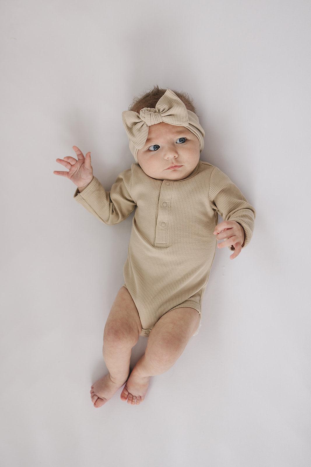 Oatmeal Organic Snap Long Sleeve Ribbed Bodysuit  Mebie Baby   