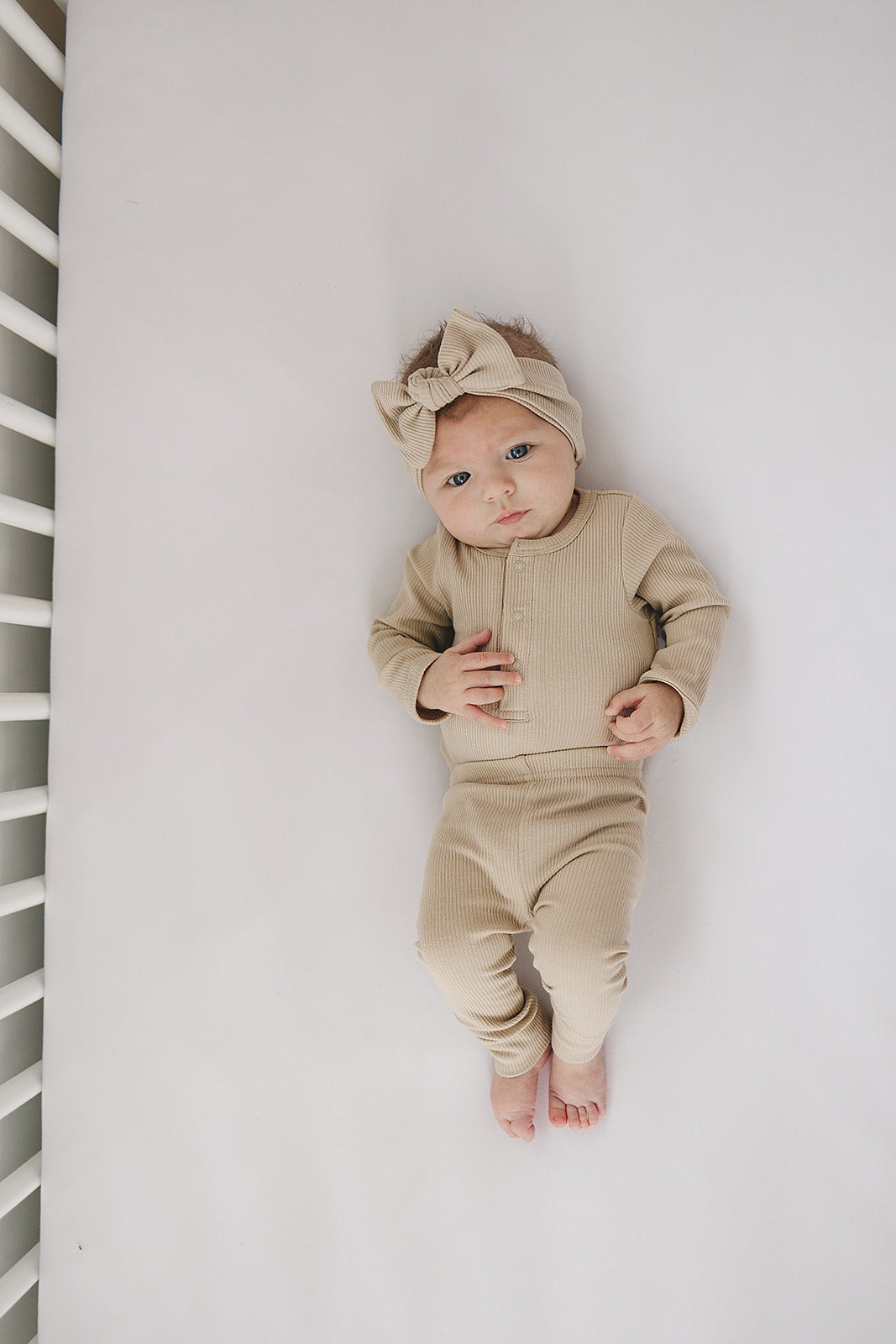 Oatmeal Organic Snap Long Sleeve Ribbed Bodysuit  Mebie Baby   