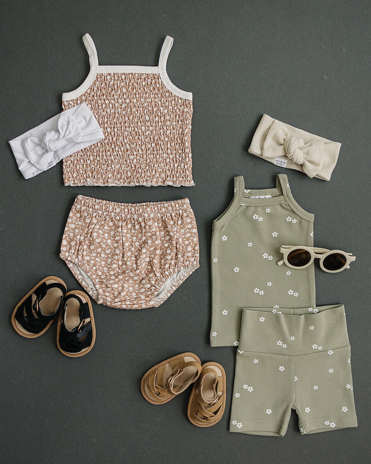 Sage Floral Tank + Biker Short Set  Mebie Baby   