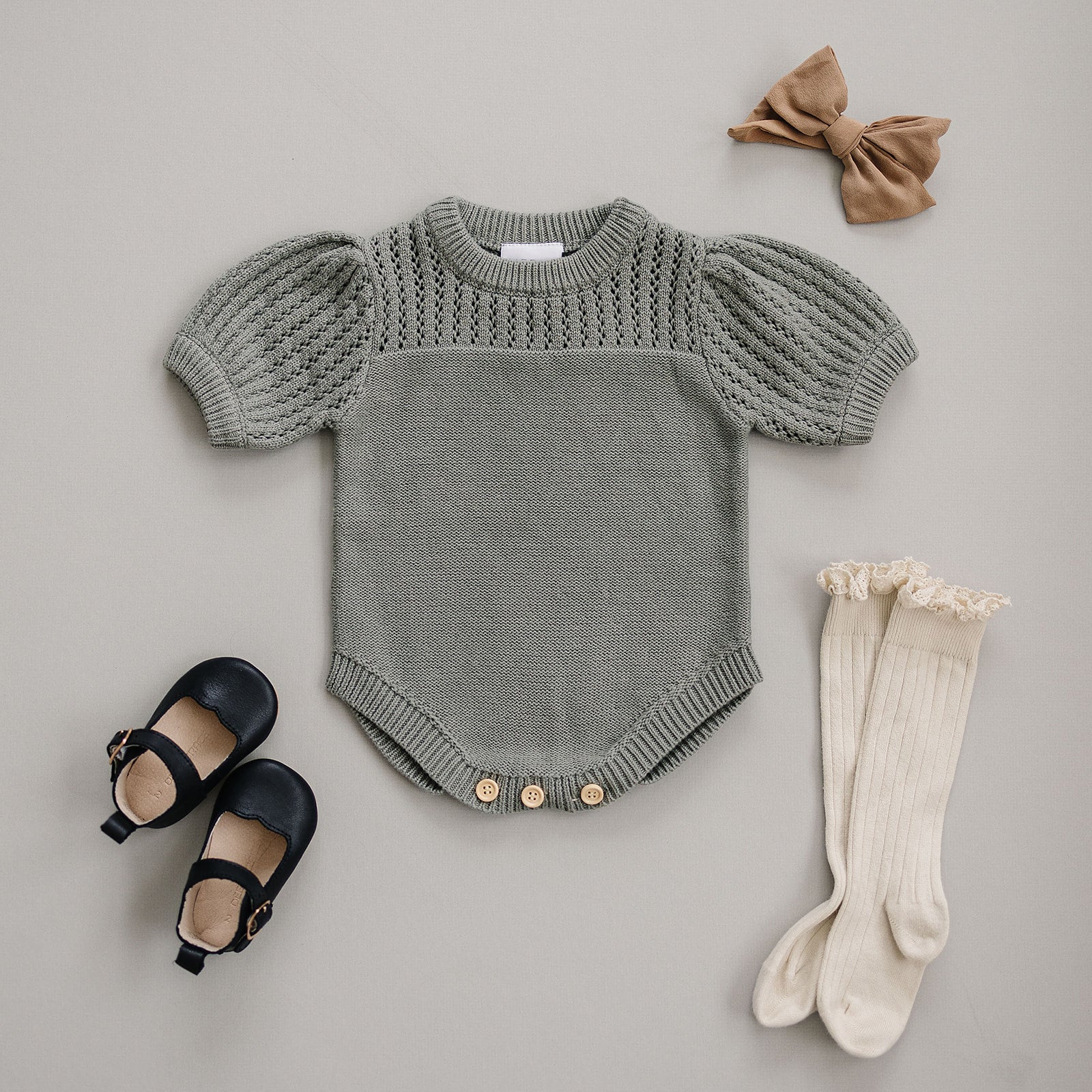 Sage Knit Shirt Romper  Mebie Baby   