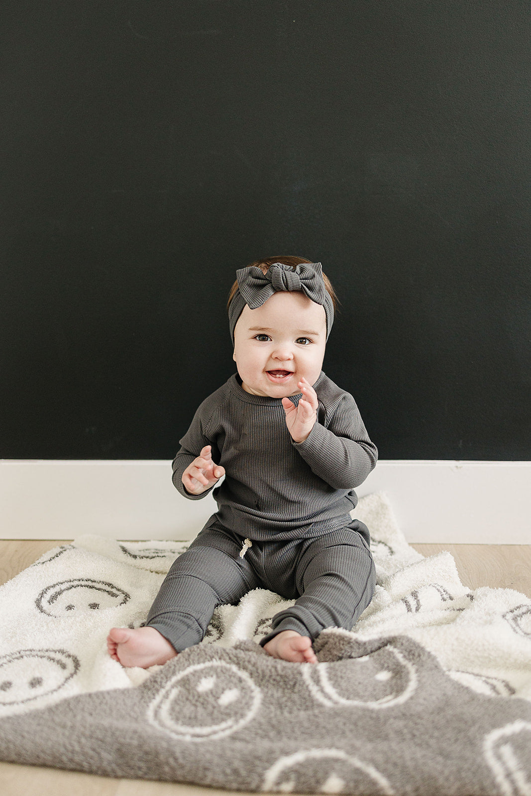 Charcoal Smiley Taupe Plush Blanket  Mebie Baby   