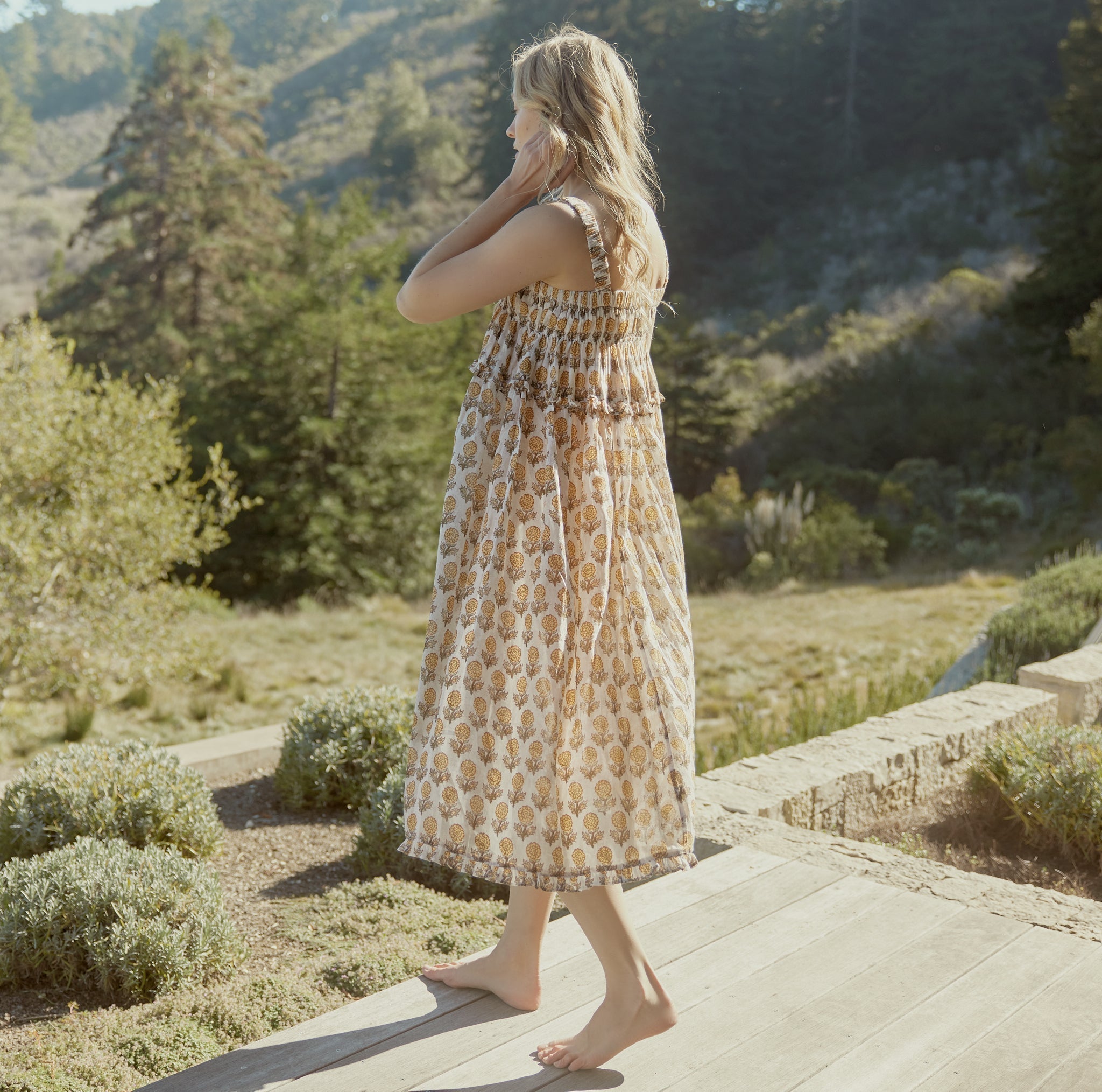 Gwen Ruffled Midi Nightgown - Ochre/Dahlia