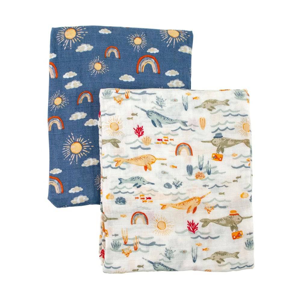 Muslin Swaddle Blanket Set Premium Cotton Narwhal + Hello Sunshine Swaddle Blanket Bebe au Lait   