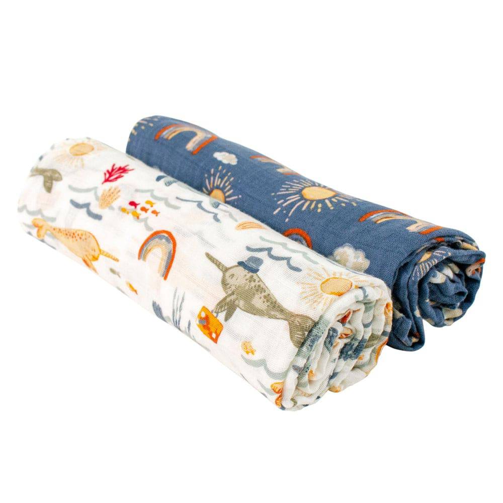 Muslin Swaddle Blanket Set Premium Cotton Narwhal + Hello Sunshine Swaddle Blanket Bebe au Lait   