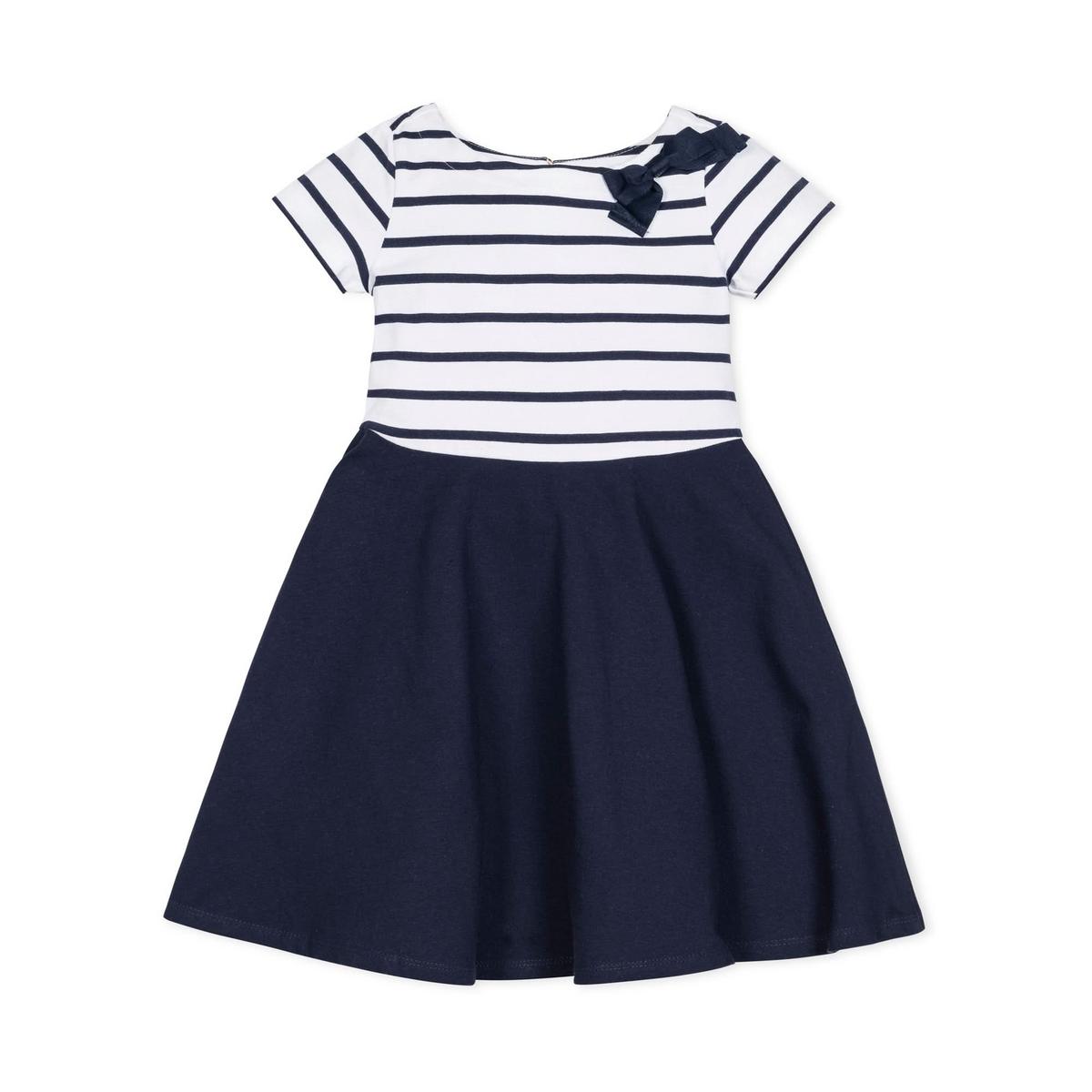 Short Sleeve Organic Knit Skater Dress - White and Navy Stripe