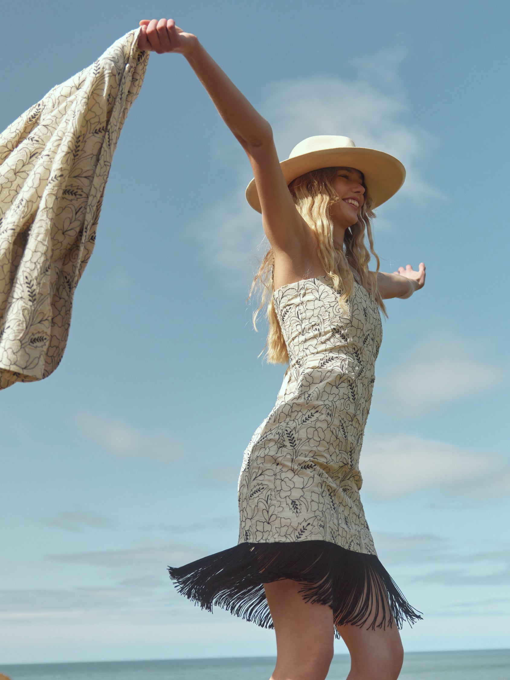 Avery Embroidered Fringe Mini Dress - Sand/Moonless Night Floral Outline Embroidery