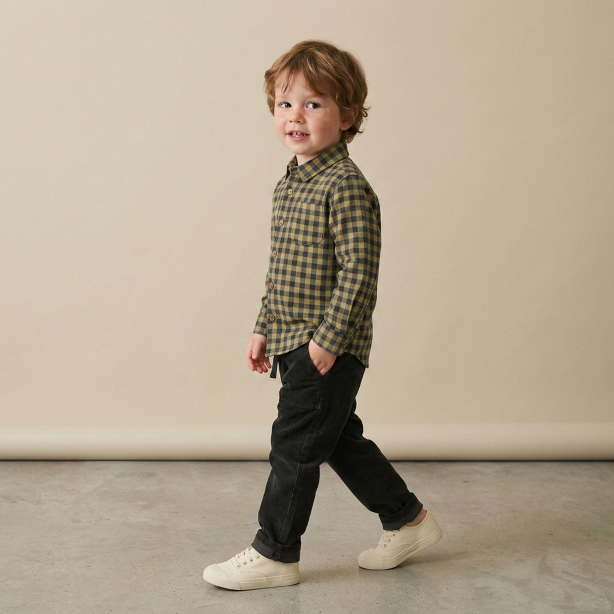 Organic Collared Long Sleeve Shirt - Olive Gingham