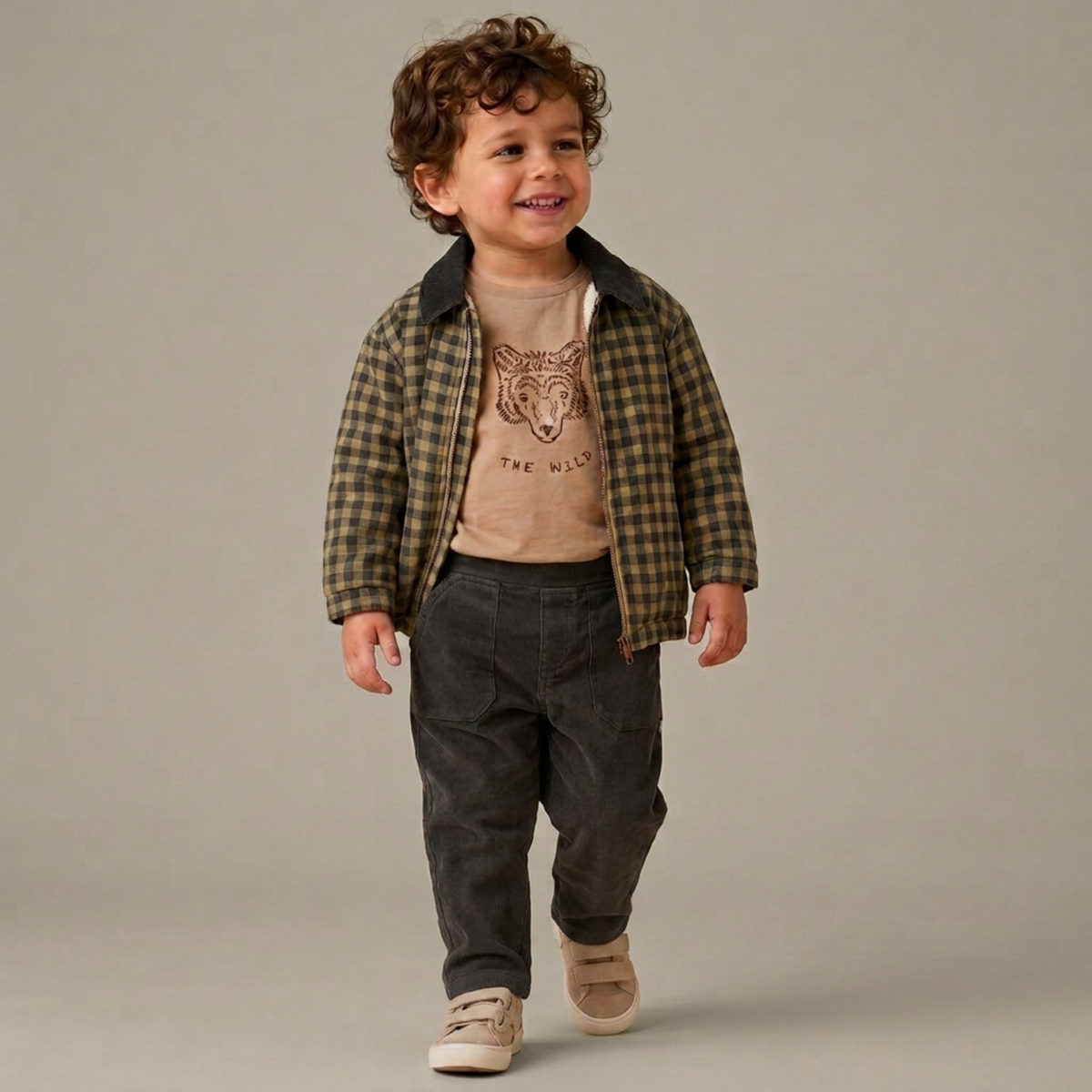 Organic Corduroy Collar Twill Jacket - Olive Gingham