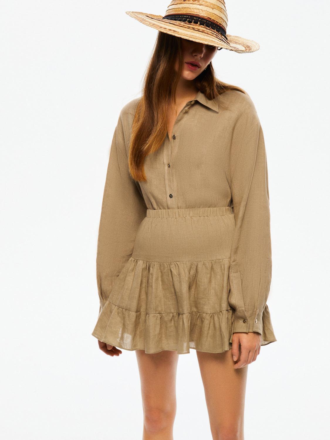 Tiered Mini Linen Skirt - Beige