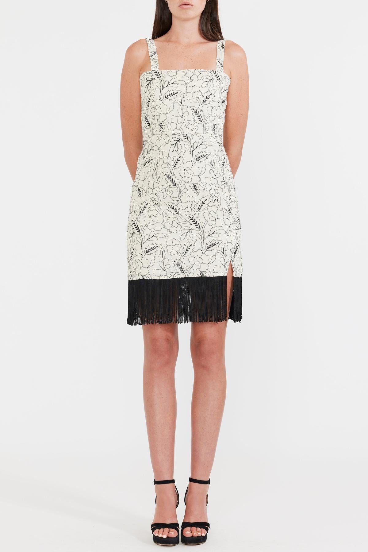 Avery Embroidered Fringe Mini Dress - Sand/Moonless Night Floral Outline Embroidery - FINAL SALE