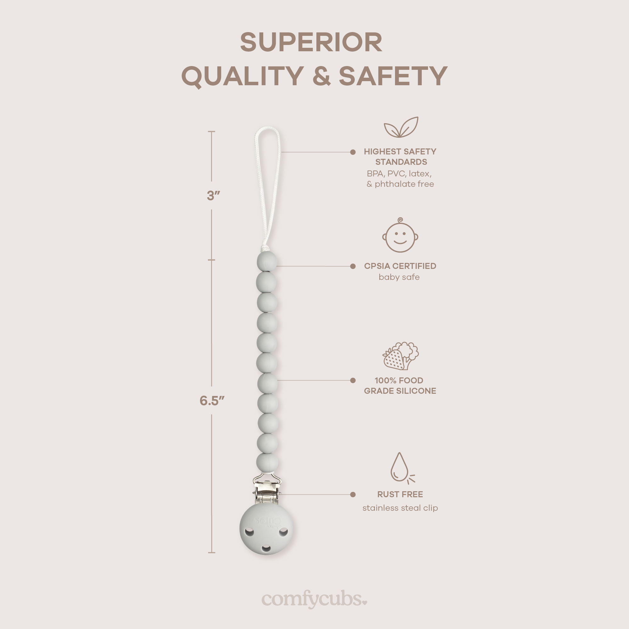 Pacifier Clips, 2 Pack by Comfy Cubs - Grey