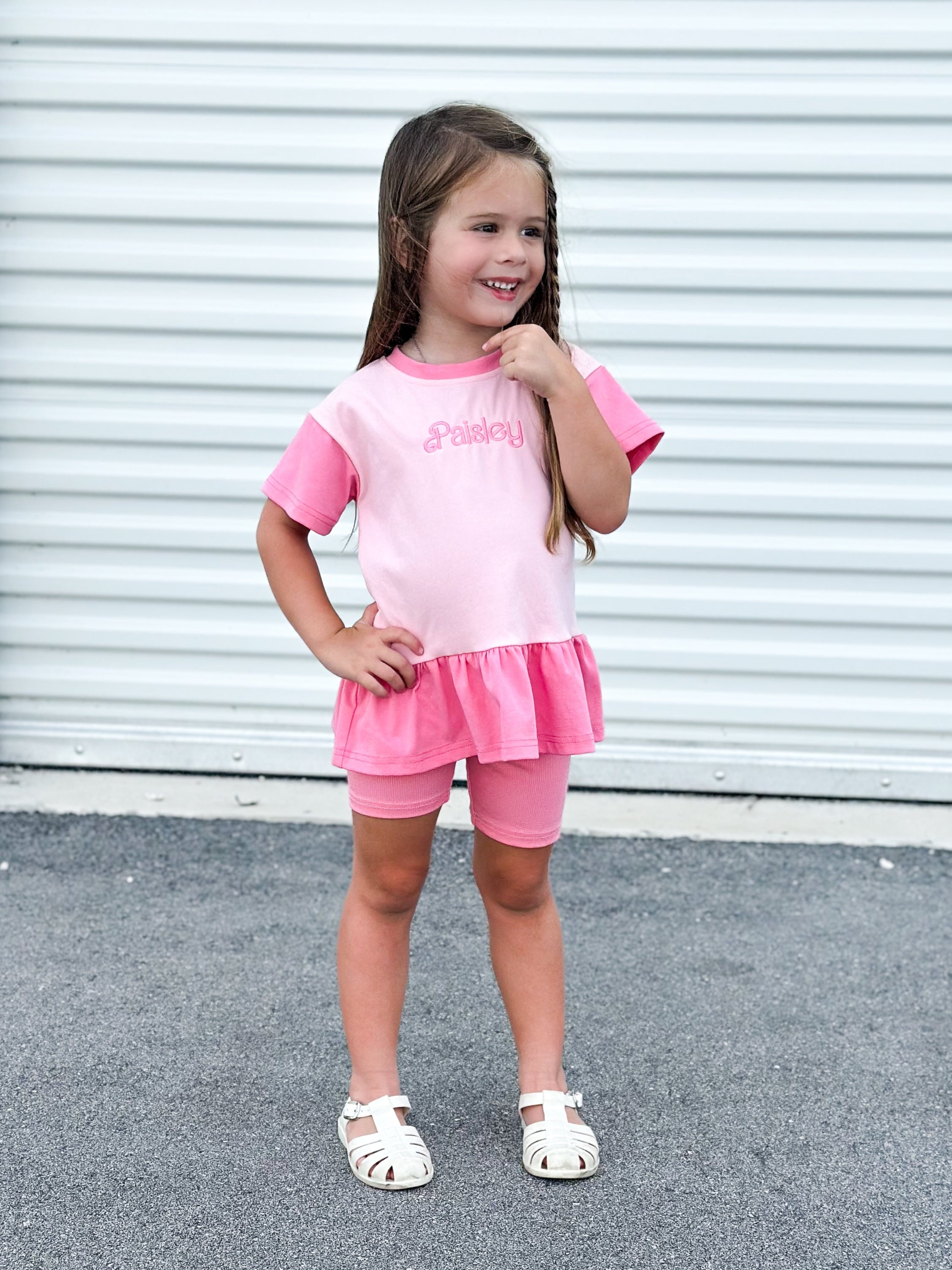 Custom Embroidered Colorblock Peplum Tee and Biker Shorts Set