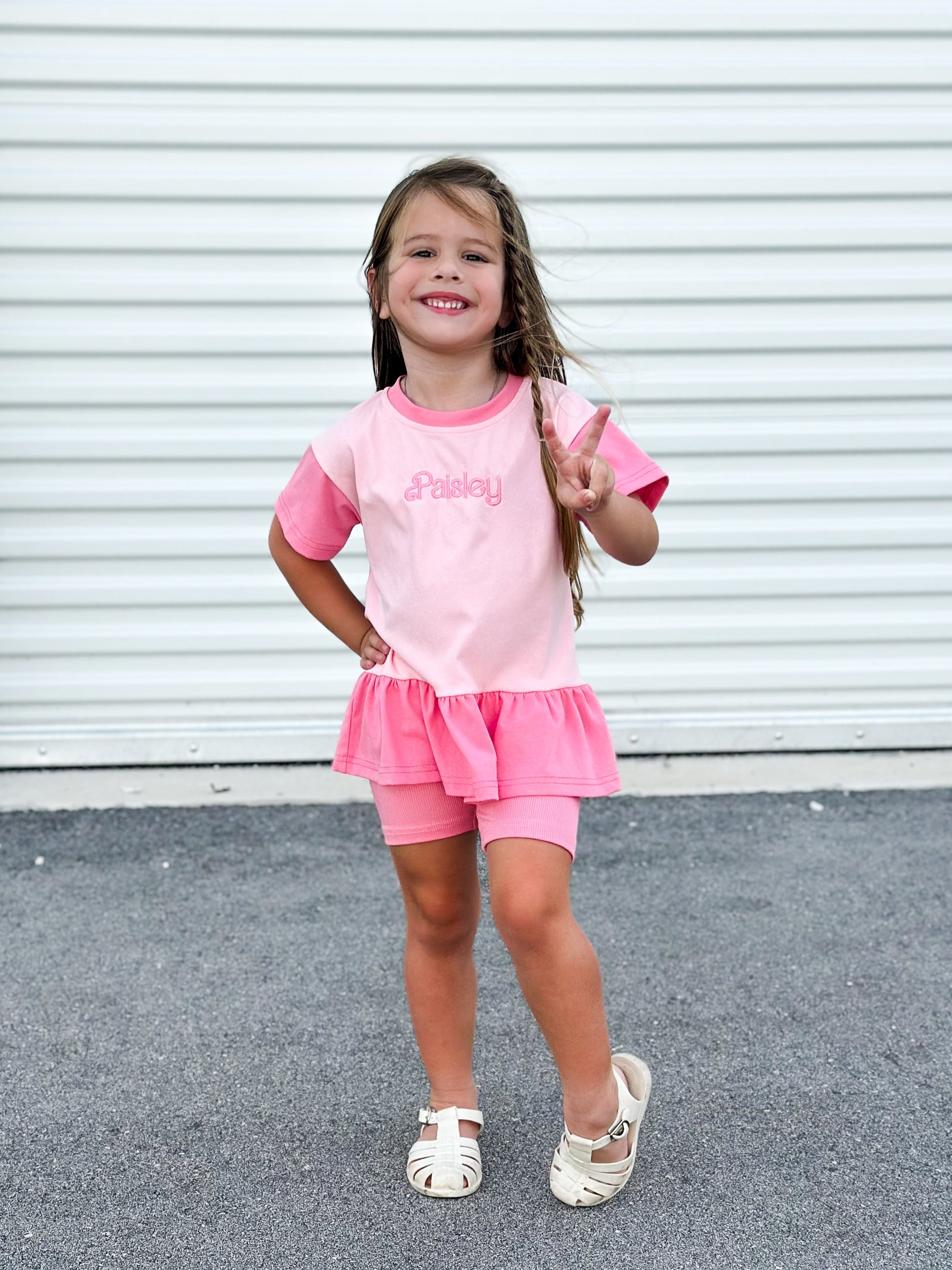 Custom Embroidered Colorblock Peplum Tee and Biker Shorts Set