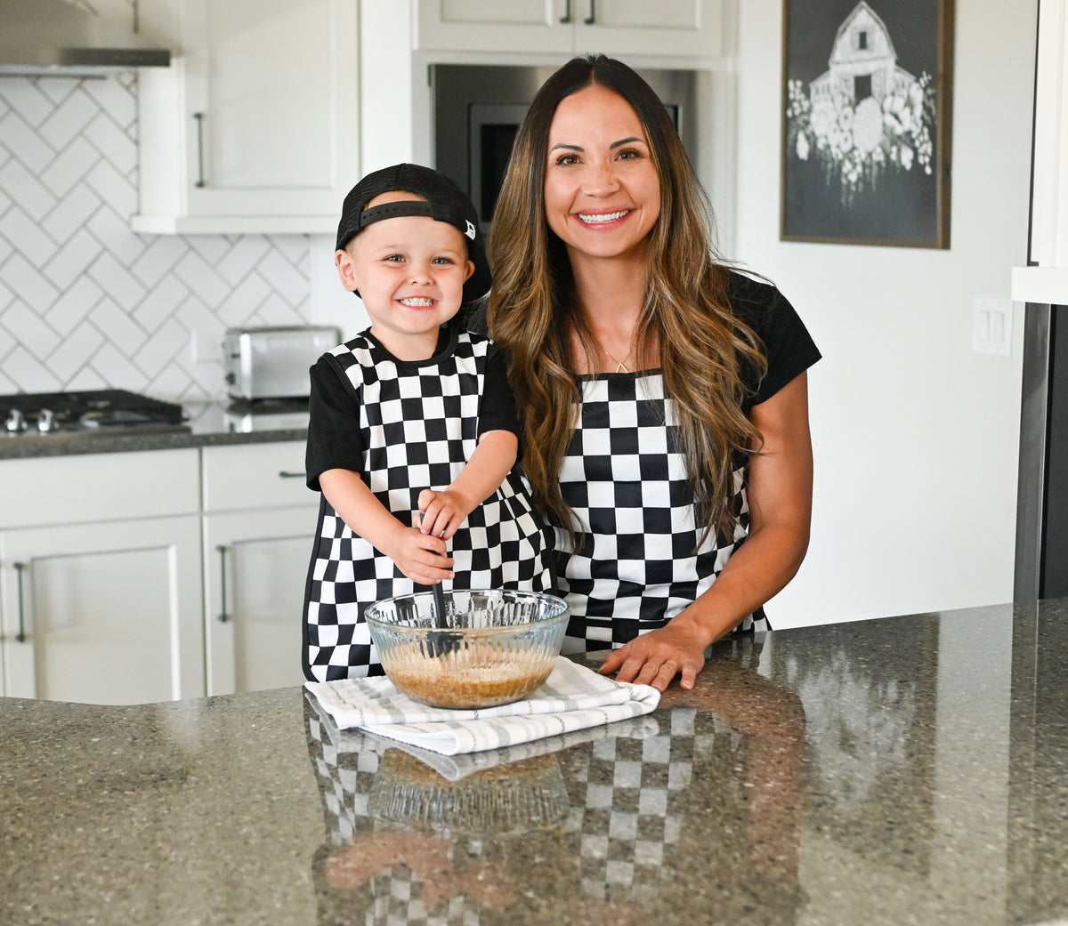 Black Checkerboard Apron - fits sizes youth small through adult 2XL