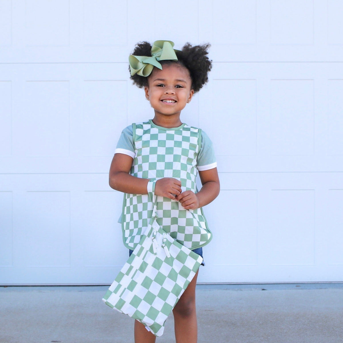 Sage Checkerboard - Waterproof Wet Bag (For mealtime, on-the-go, and more!)