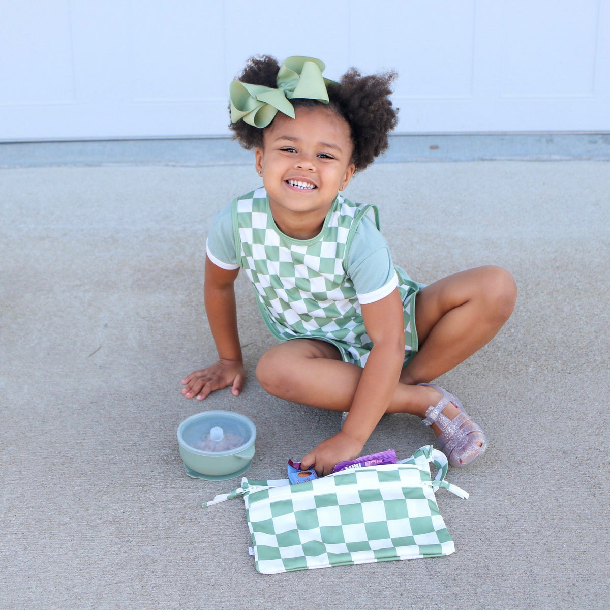Sage Checkerboard - Waterproof Wet Bag (For mealtime, on-the-go, and more!)