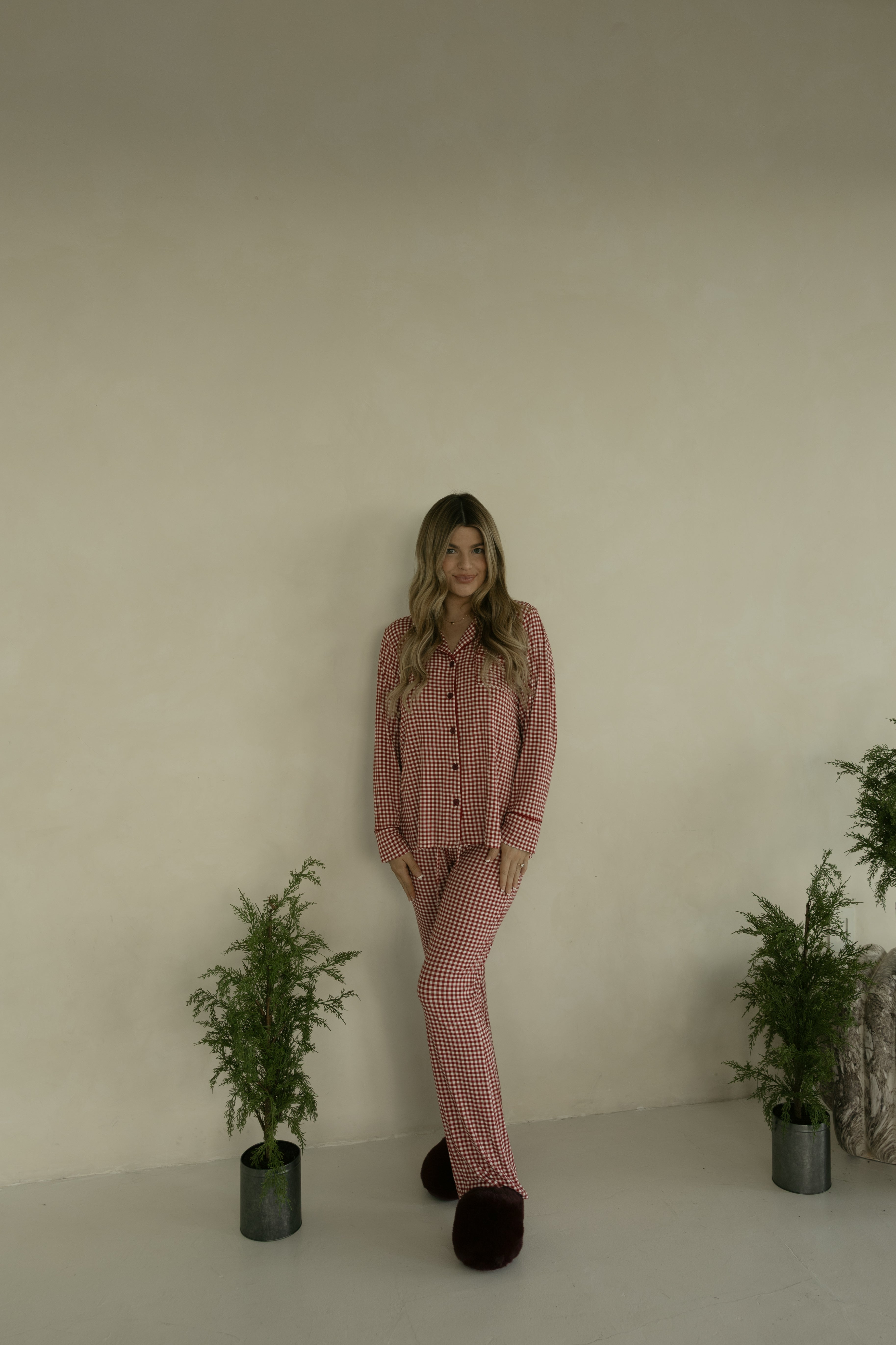 Women's Bamboo Button Up Lounge Set | Red Gingham