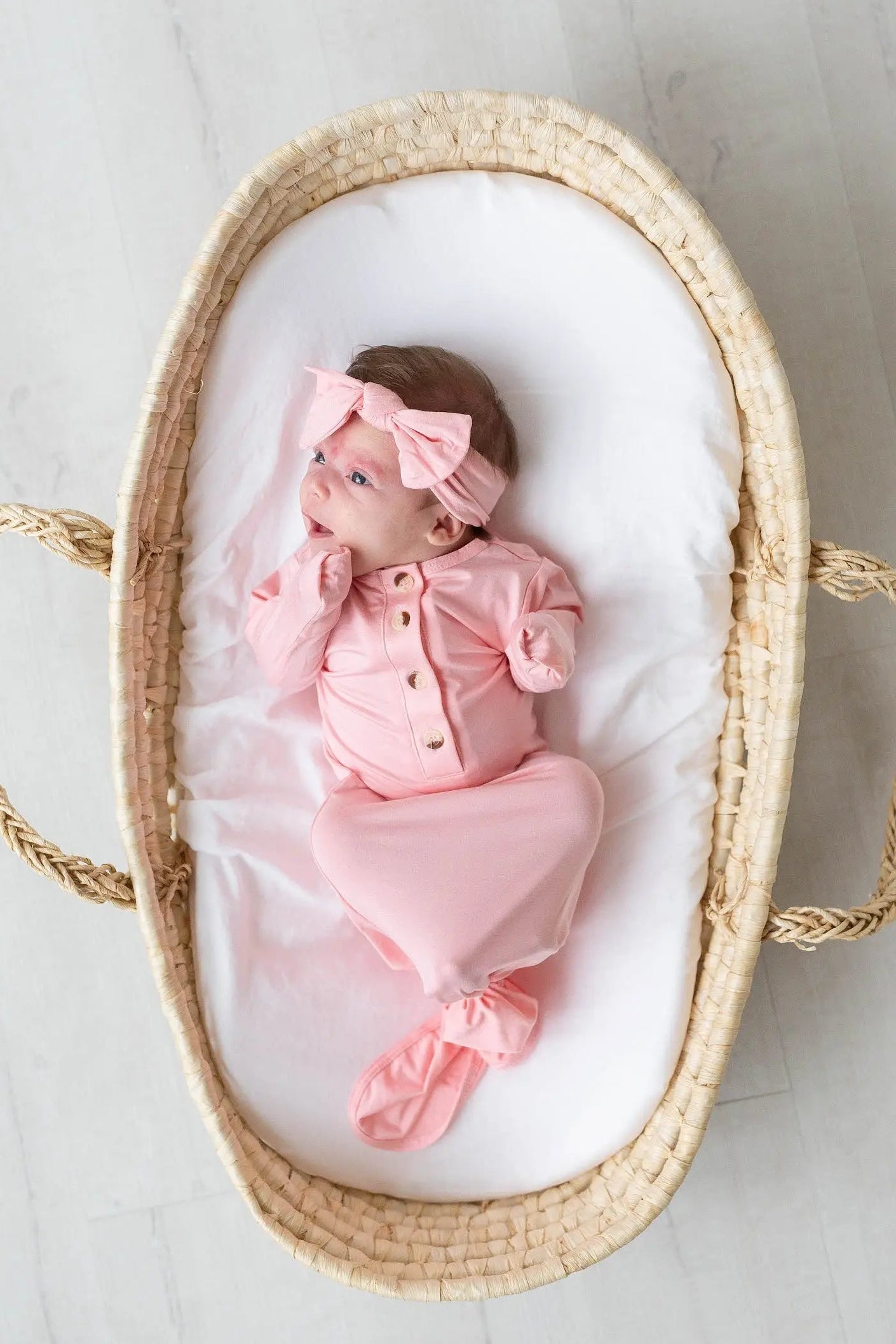 Newborn Knotted Baby Gown and Hat Set with Headband - Pink