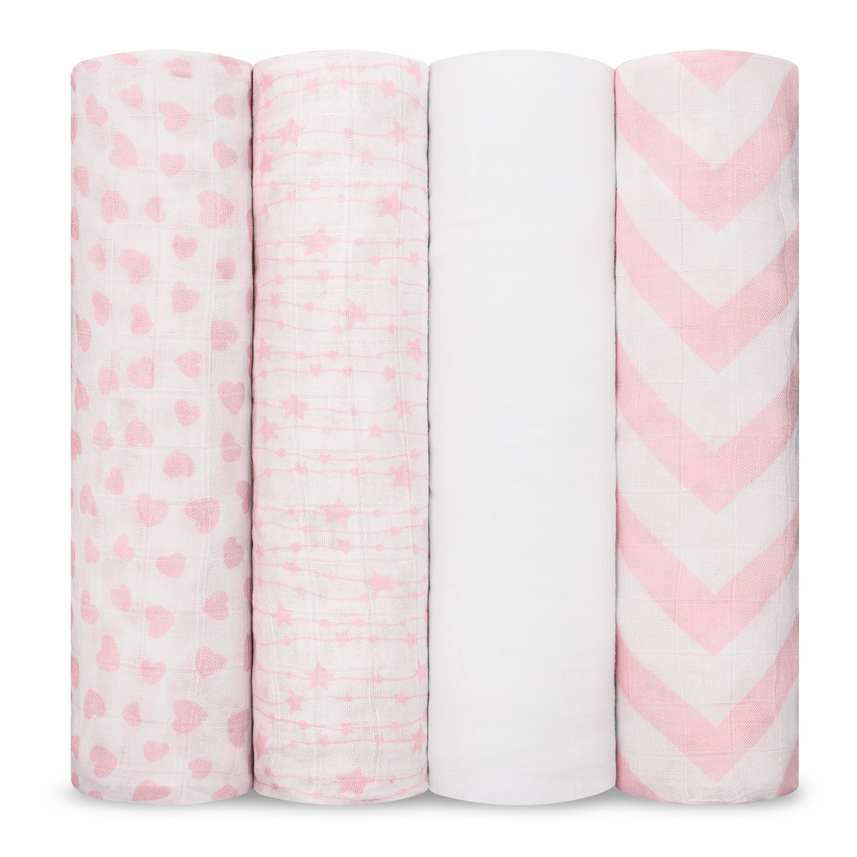 Muslin Swaddle Blankets, 4 Pack by Comfy Cubs - Pink