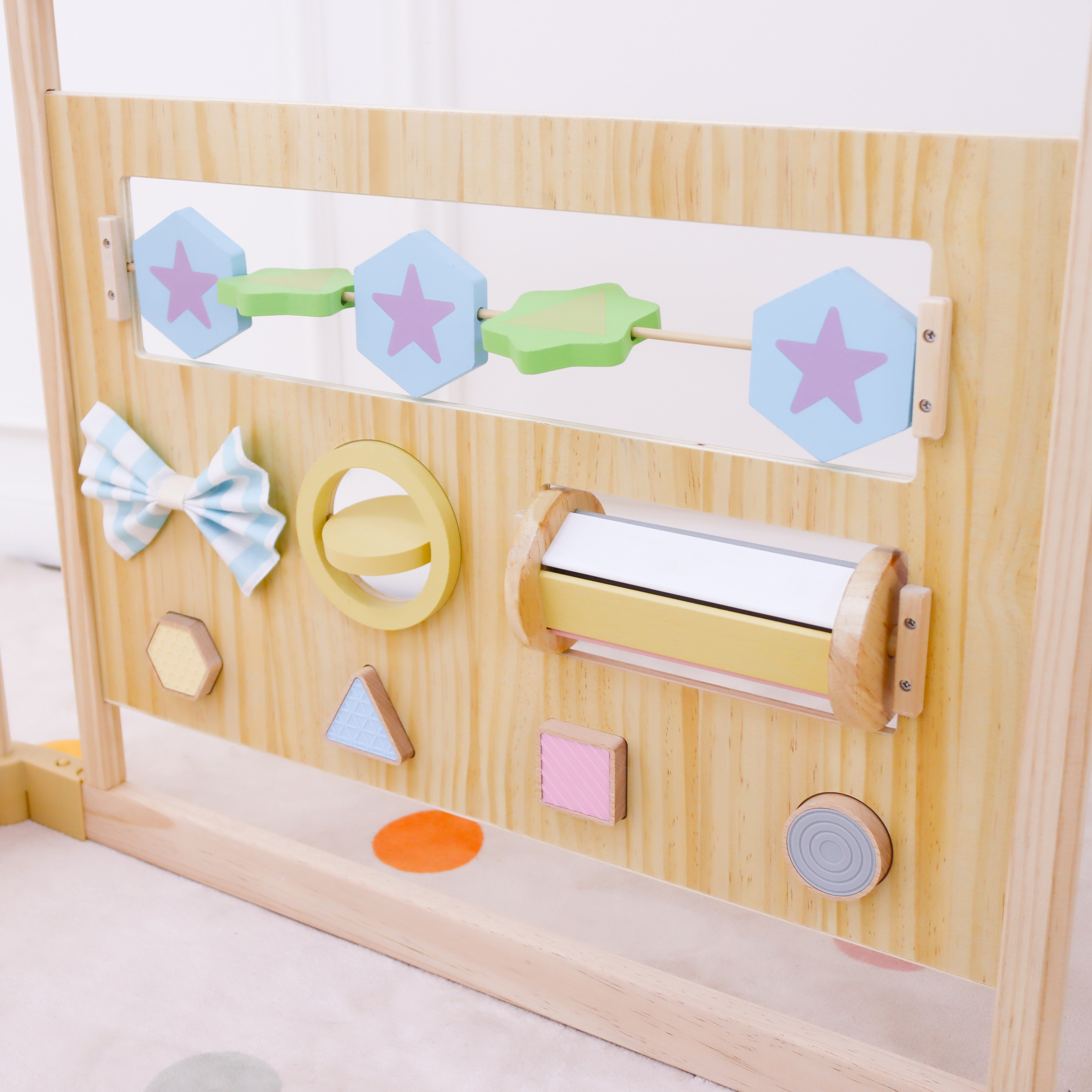 Wooden Baby Playpen with Mirror & Whiteboard Panel – Foldable 63" x 63" Montessori Sensory Play Yard