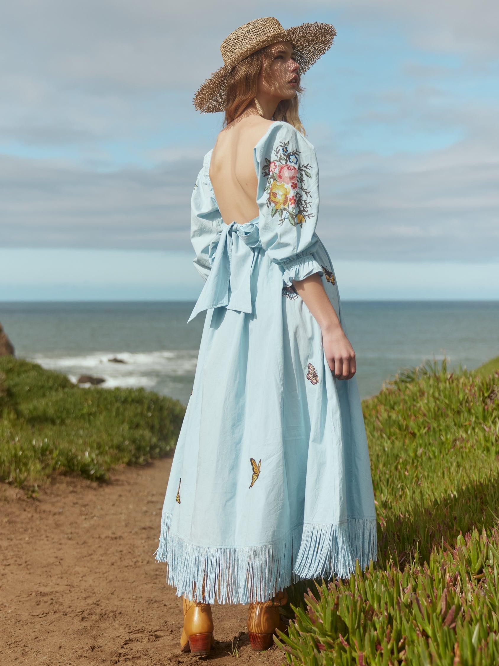 Jocelyn Puff Sleeve Fringe Dress - Light Prussian Blue/Multicolor Butterfly Embroidery