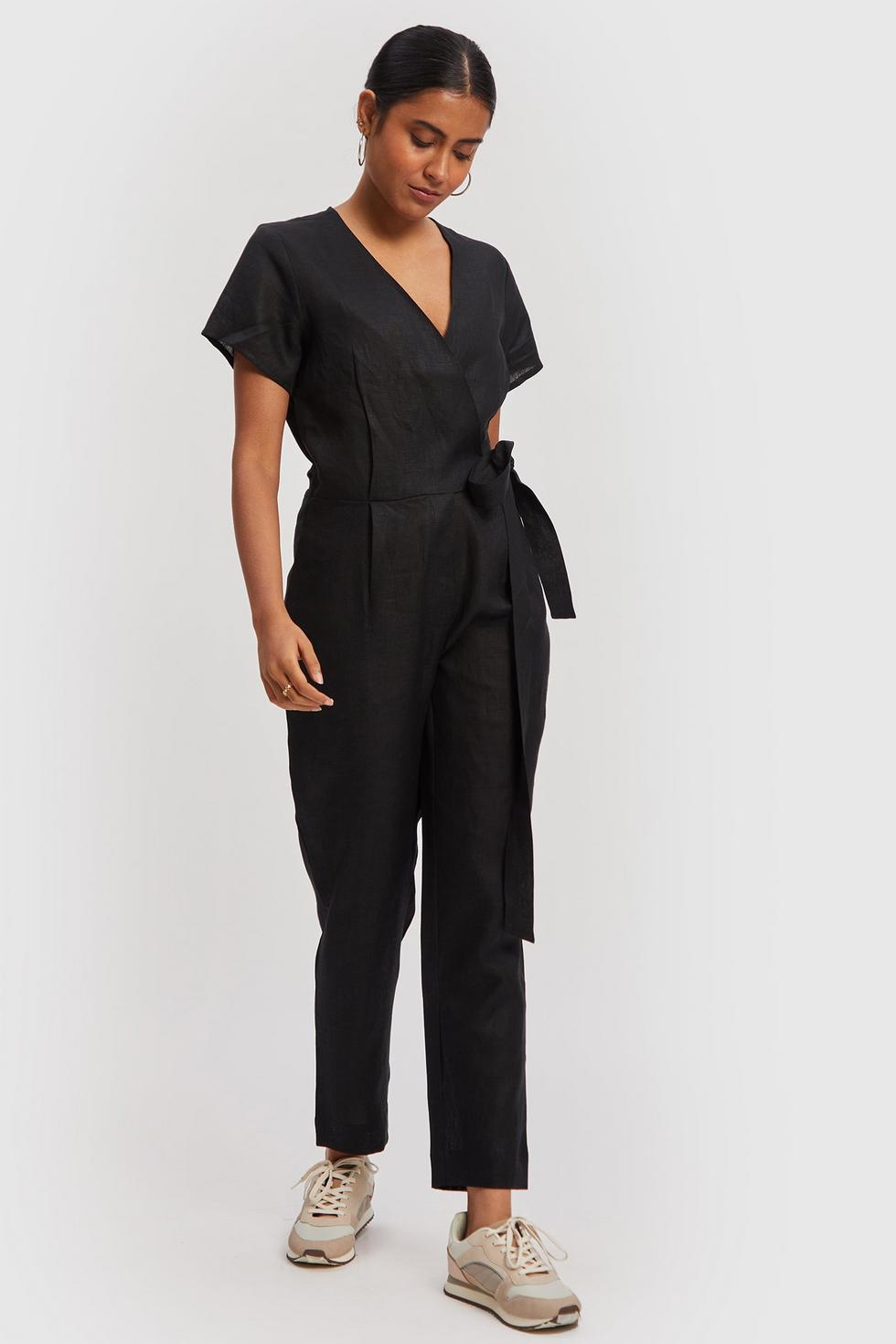 Cropped Wrap Jumpsuit - Black