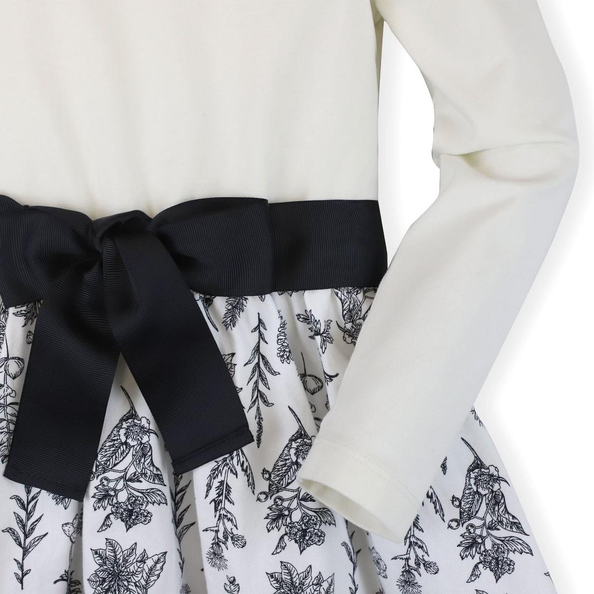 Baby Lightweight Blocked High-Low Skater Dress - Soft White with Black Winter Botanical