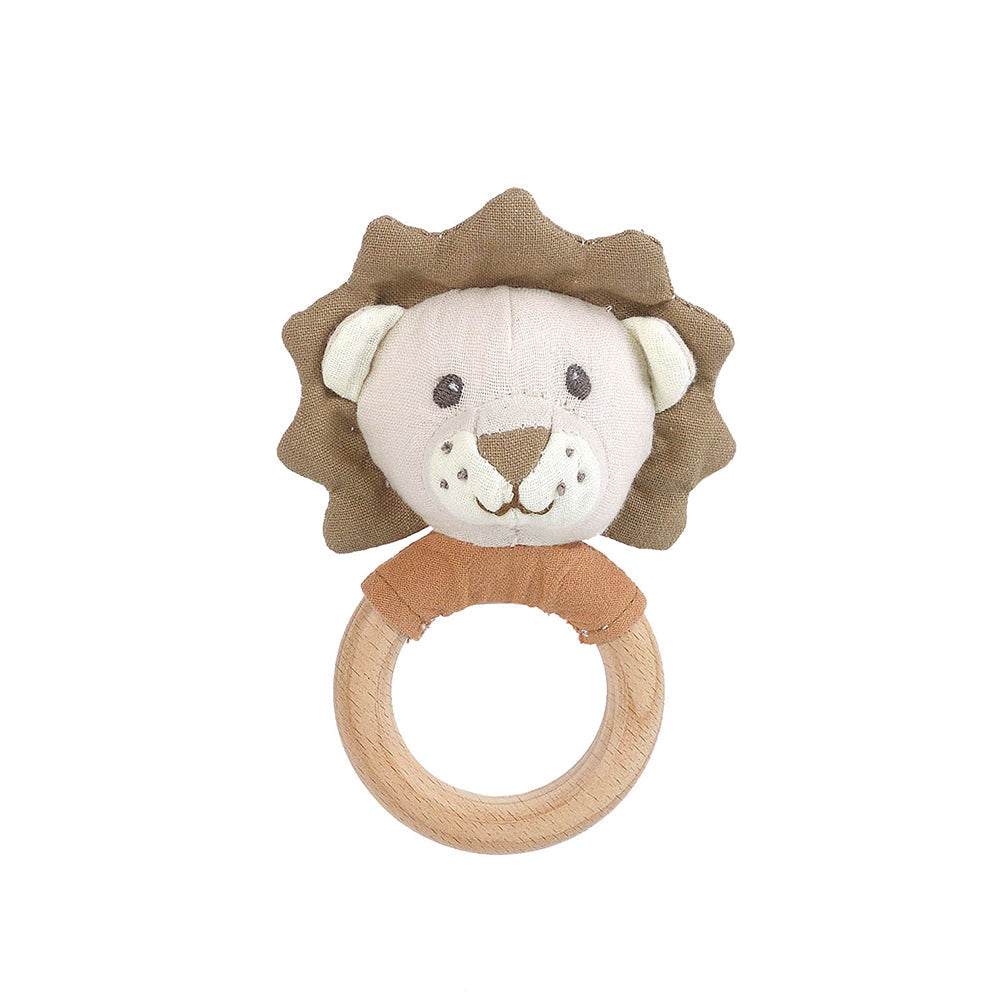 Linen Lion Wood Rattle