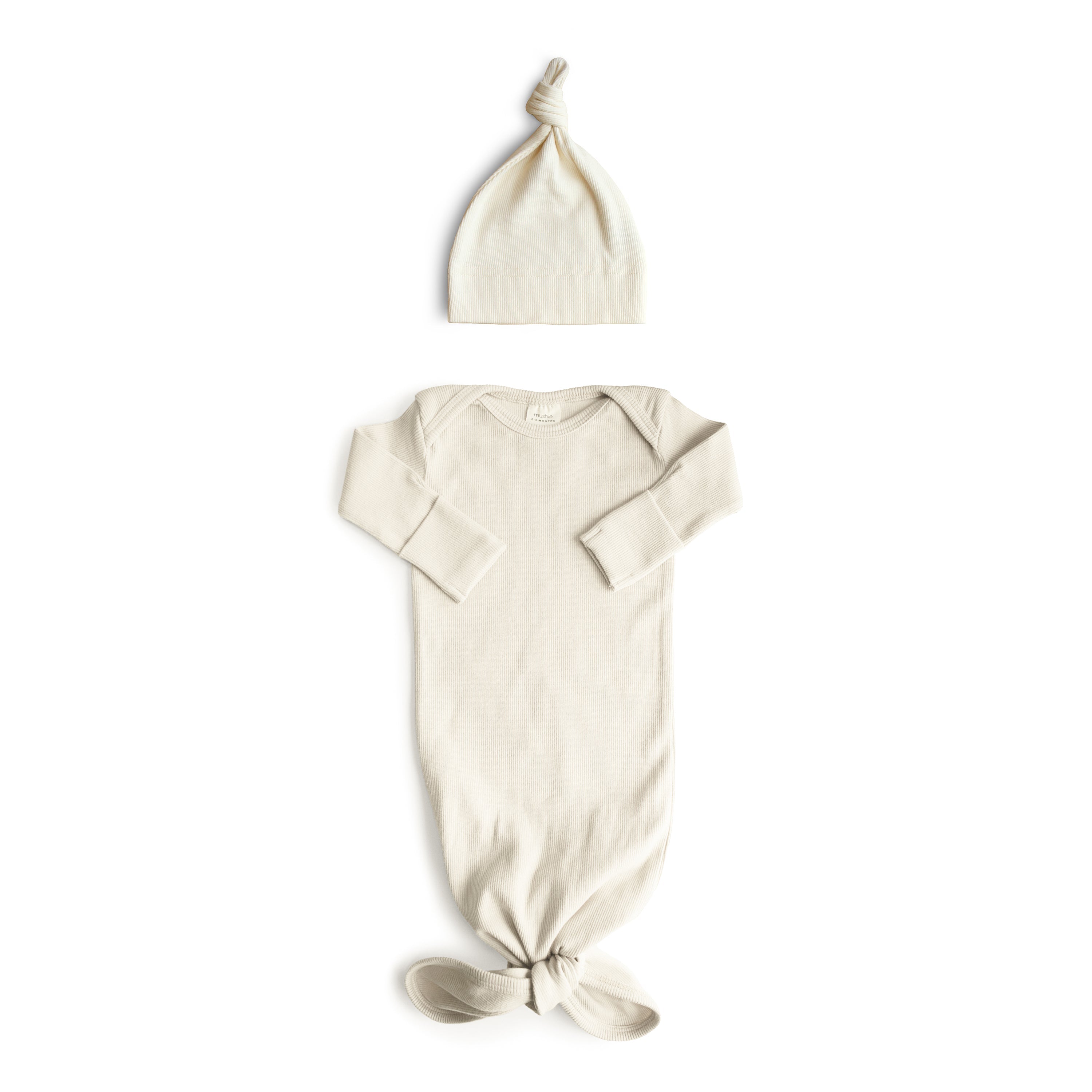 Ribbed Knotted Baby Gown + Beanie Set Baby Clothes Mushie Ivory  