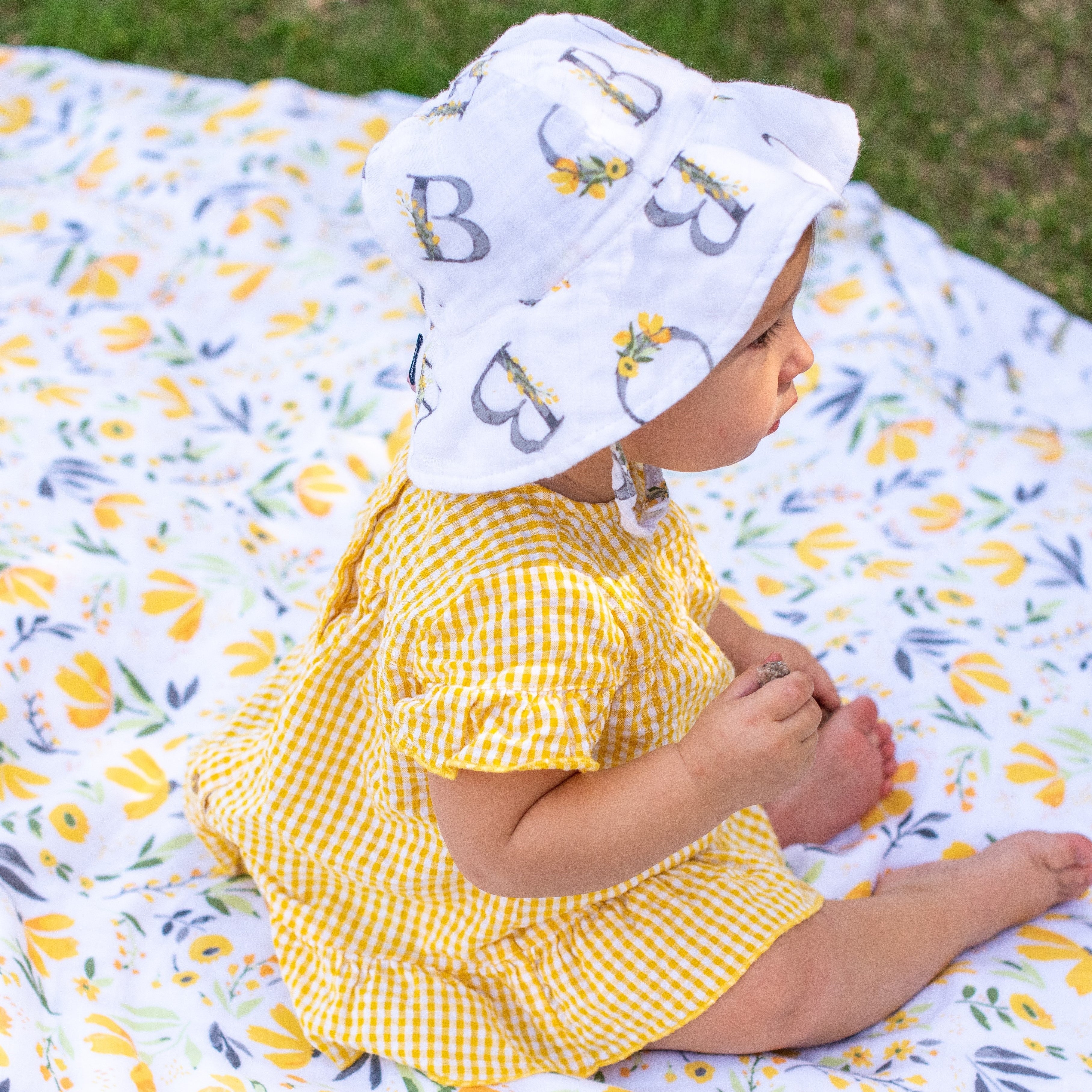 Floral Alphabet Oh So Soft Muslin Sun Hat Sun Hat Bebe au Lait   