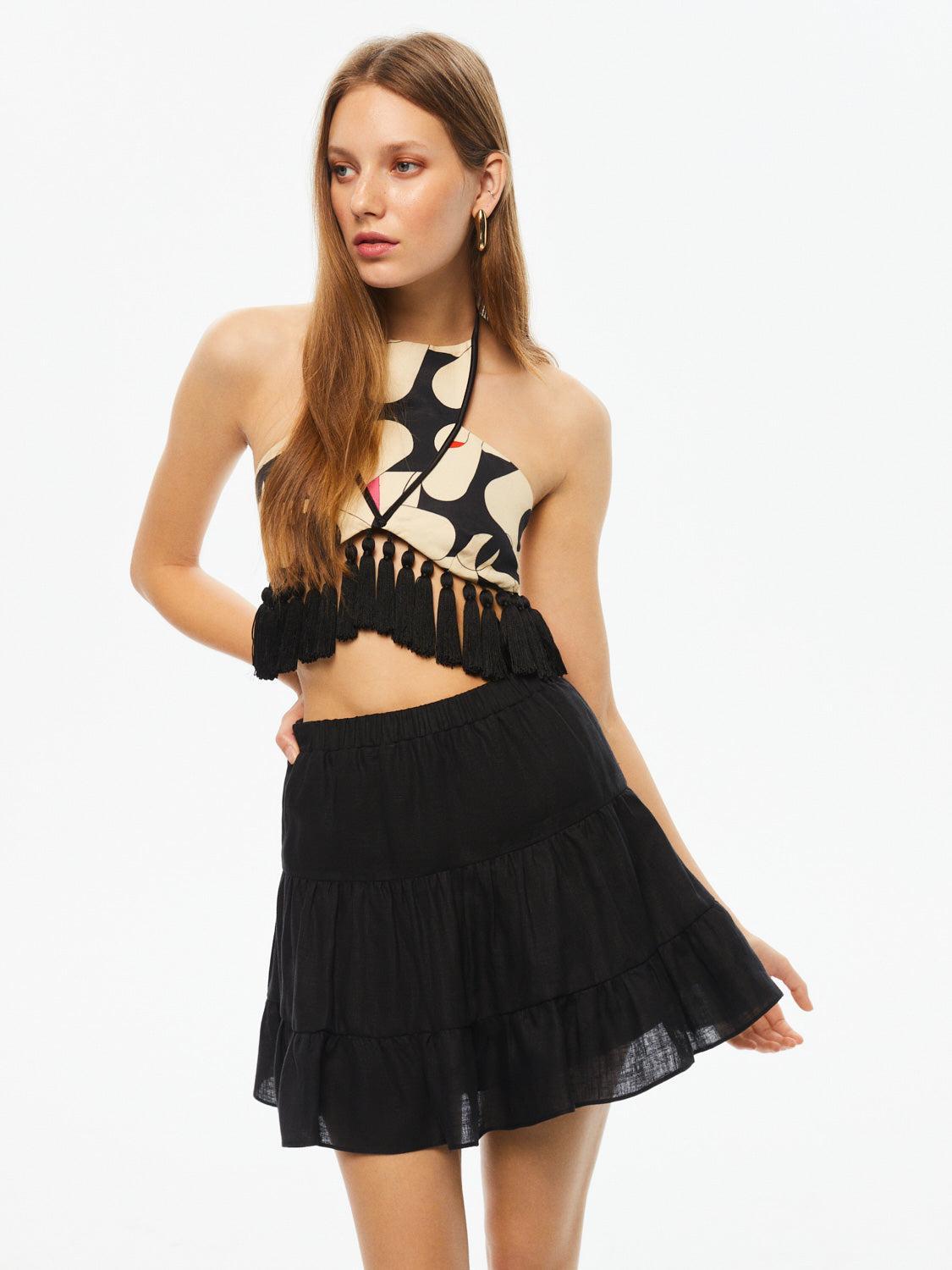Tiered Mini Linen Skirt - Black