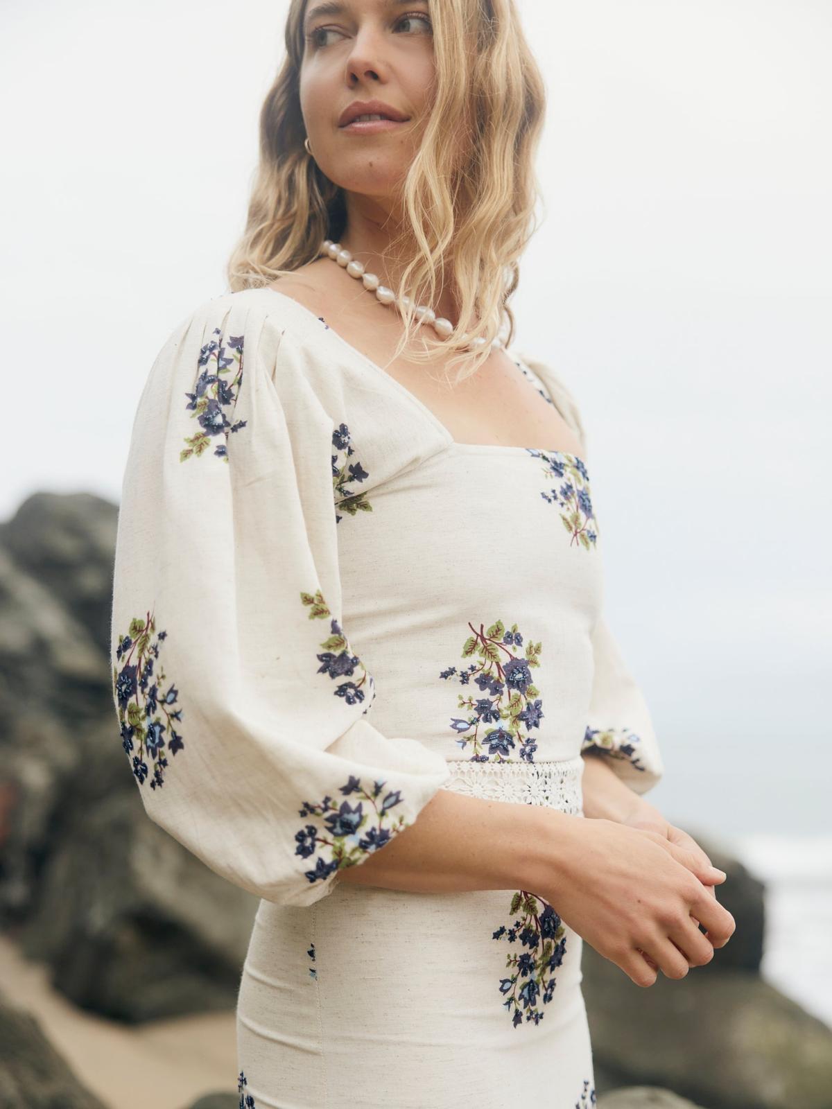 Maysie Puff Sleeve Top - Oatmeal Bluesy Beaded Floral