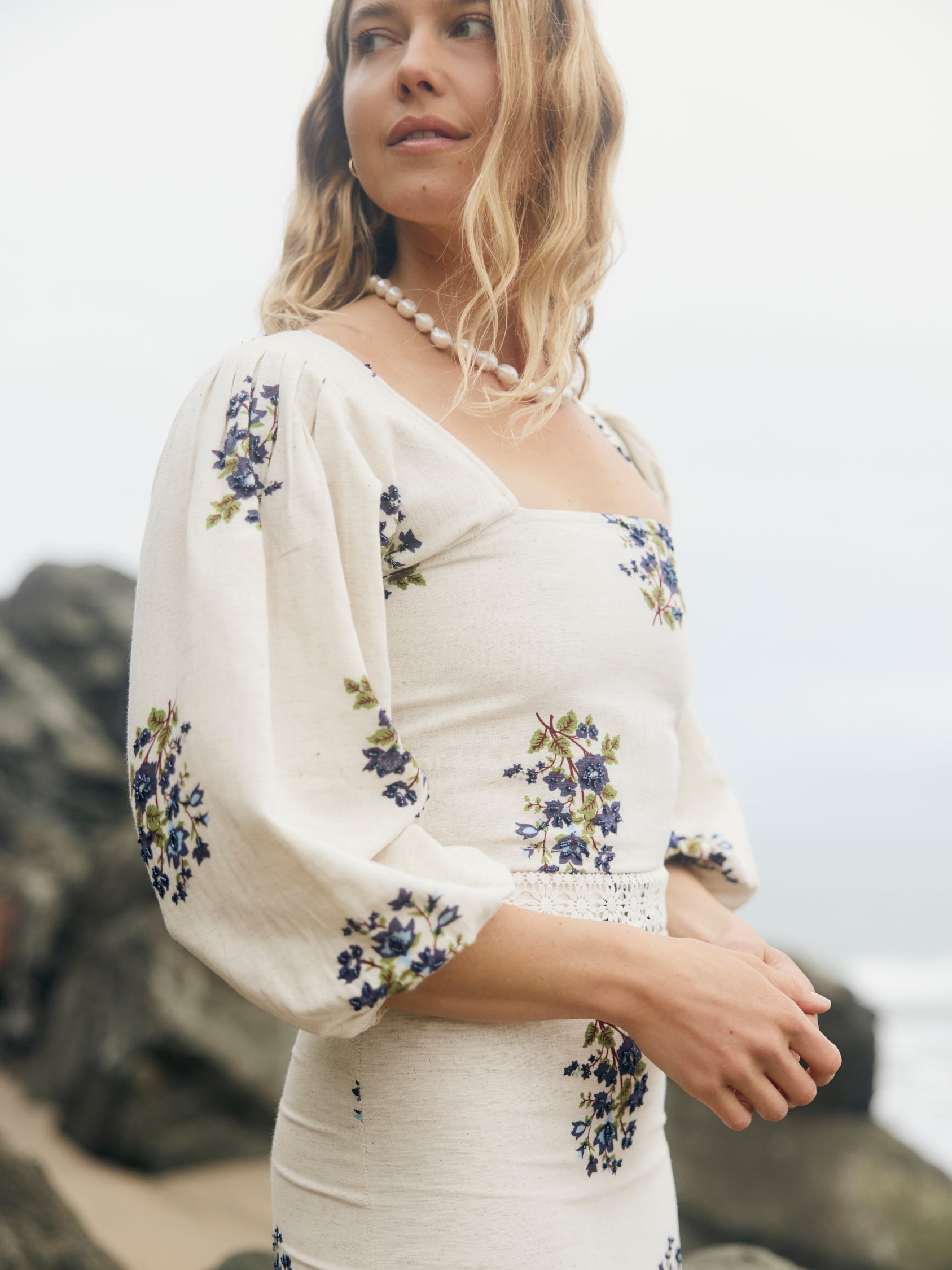 Maysie Puff Sleeve Top - Oatmeal Bluesy Beaded Floral