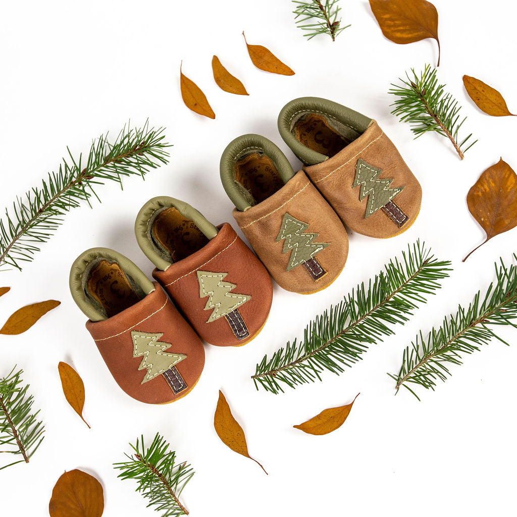 Chestnut & Wood Pine Fir Trees Leather Shoes  Baby and Toddler Baby Shoes Starry Knight Design   