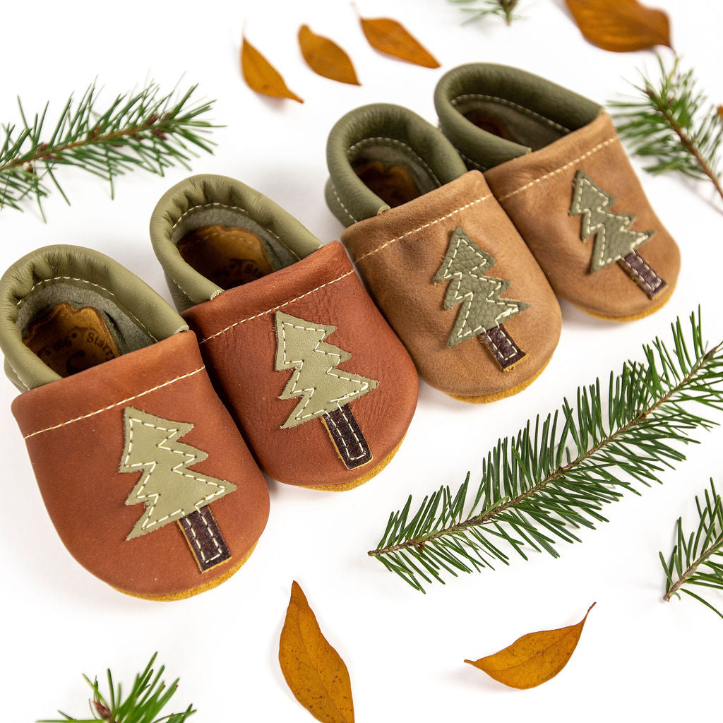 Chestnut & Wood Pine Fir Trees Leather Shoes  Baby and Toddler Baby Shoes Starry Knight Design   