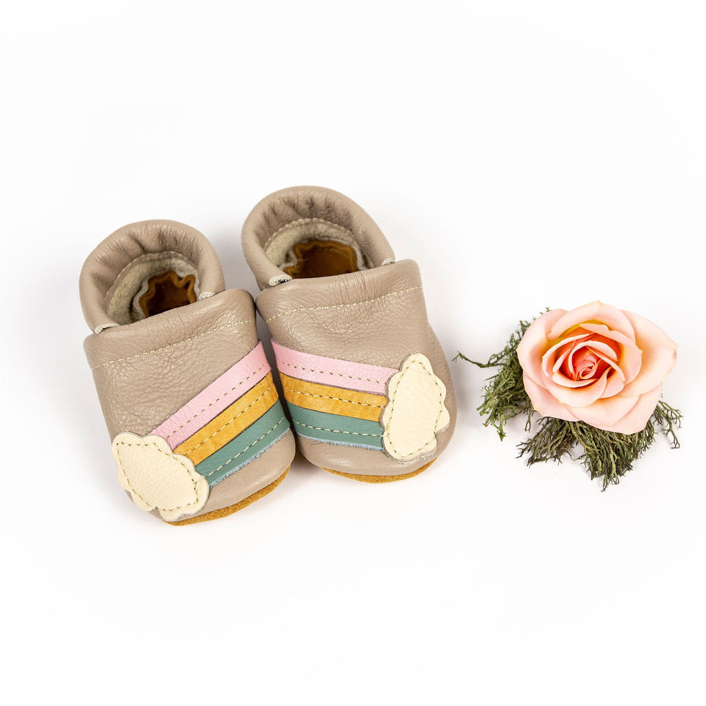 Rainbow on Beige Leather Shoes Moccs Baby and Toddler