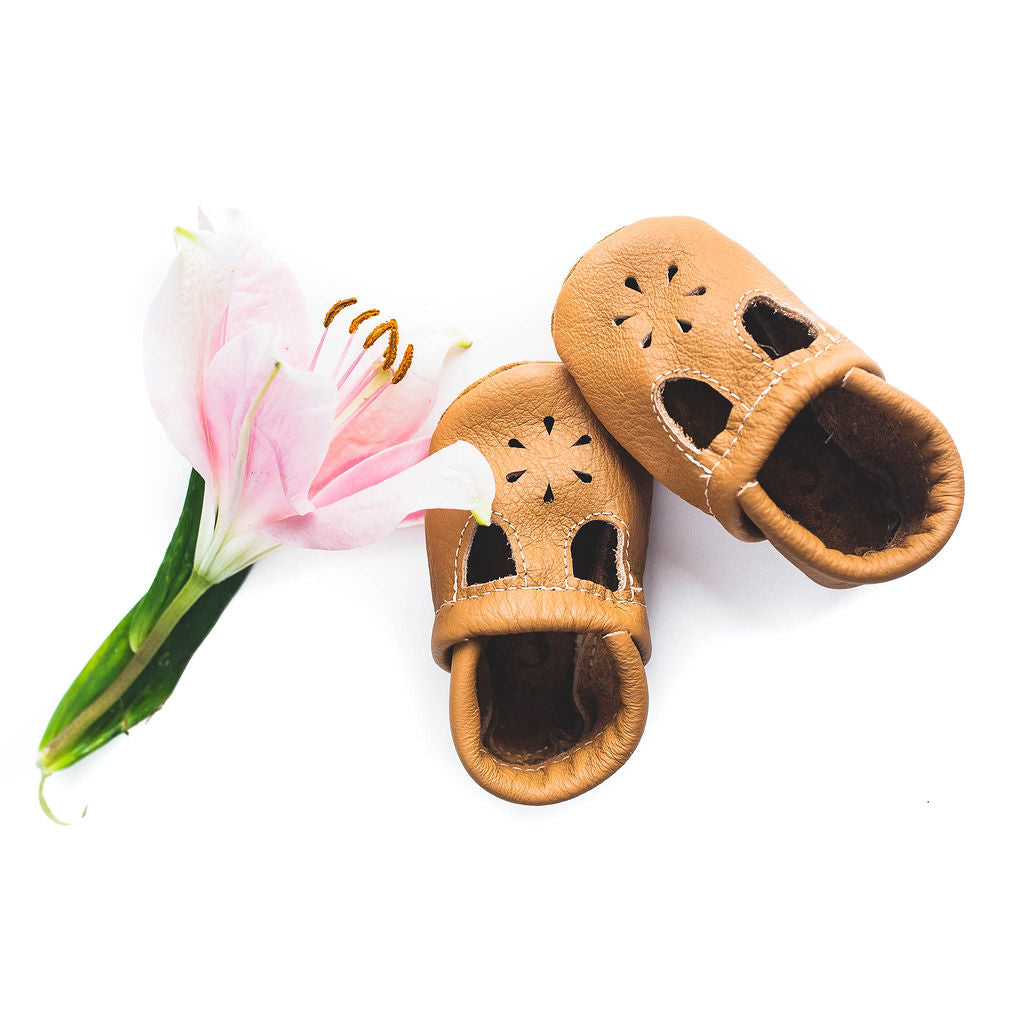 Camel Tan T-Strap Shoes Baby and Toddler Baby Shoes Starry Knight Design   