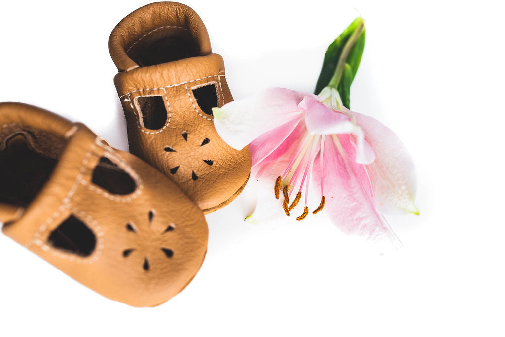 Camel Tan T-Strap Shoes Baby and Toddler Baby Shoes Starry Knight Design   